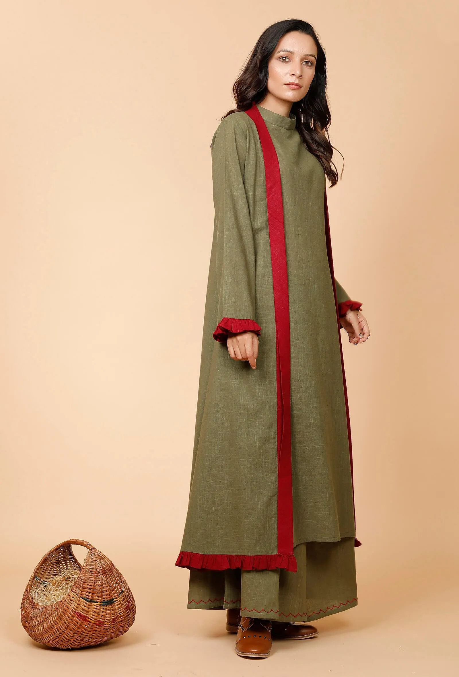 Set of 3: Mehandi Green Halter Neck Cotton Kurta with Mehandi Green Cape and Cotton Cullottes