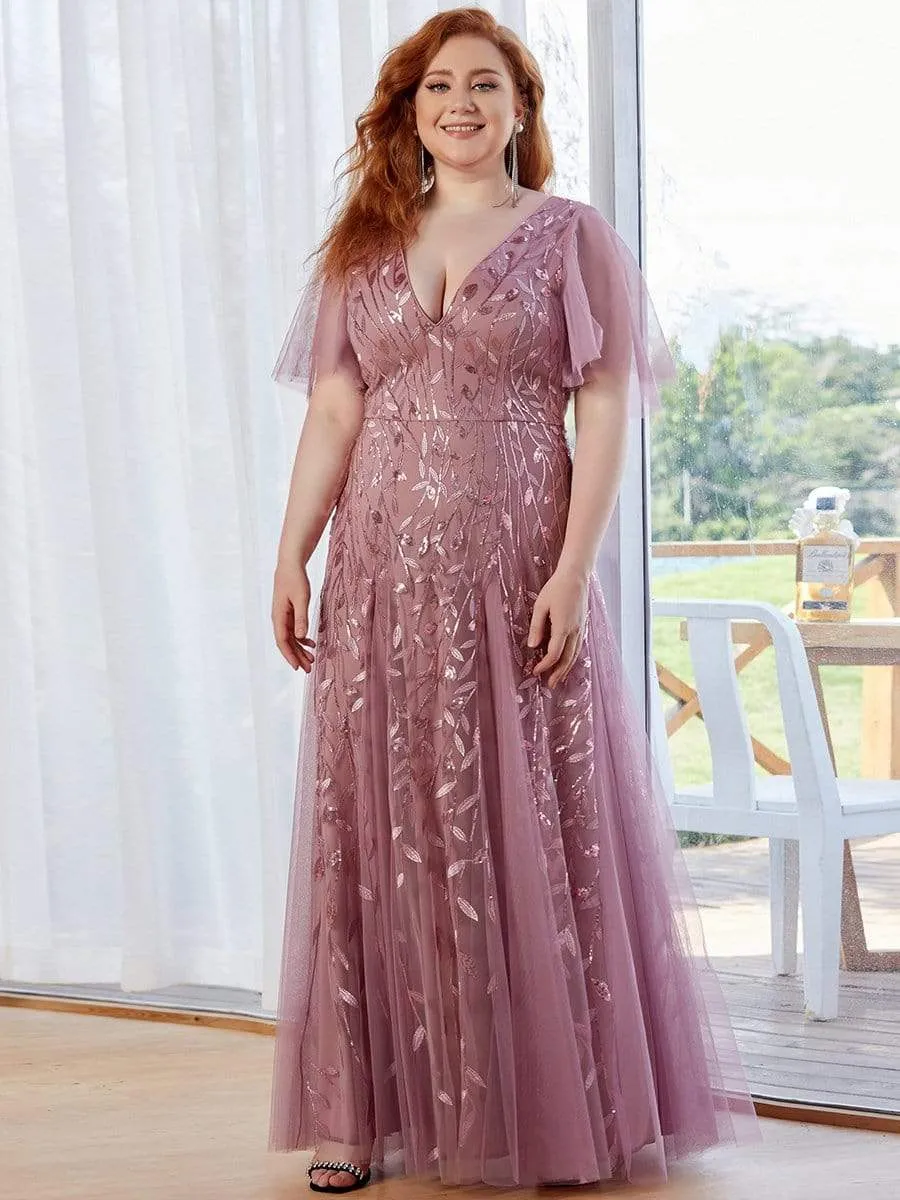 Shimmery V Neck Ruffle Sleeves Sequin Maxi Long Evening Gowns