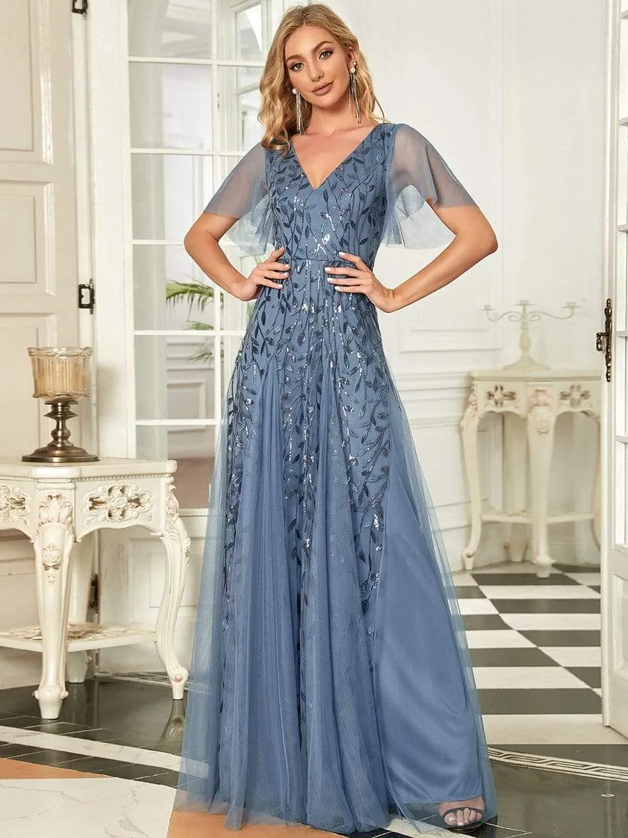 Shimmery V Neck Ruffle Sleeves Sequin Maxi Long Evening Gowns