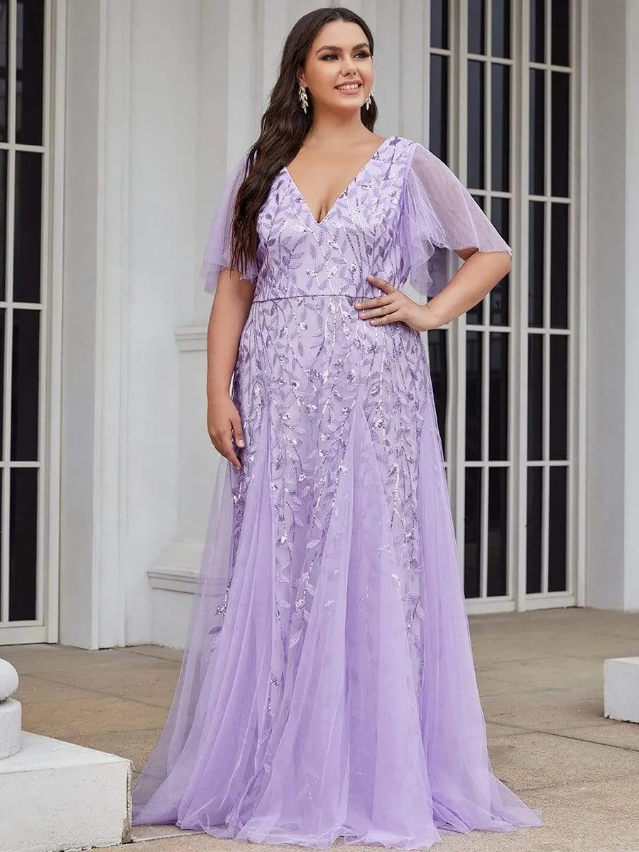 Shimmery V Neck Ruffle Sleeves Sequin Maxi Long Evening Gowns