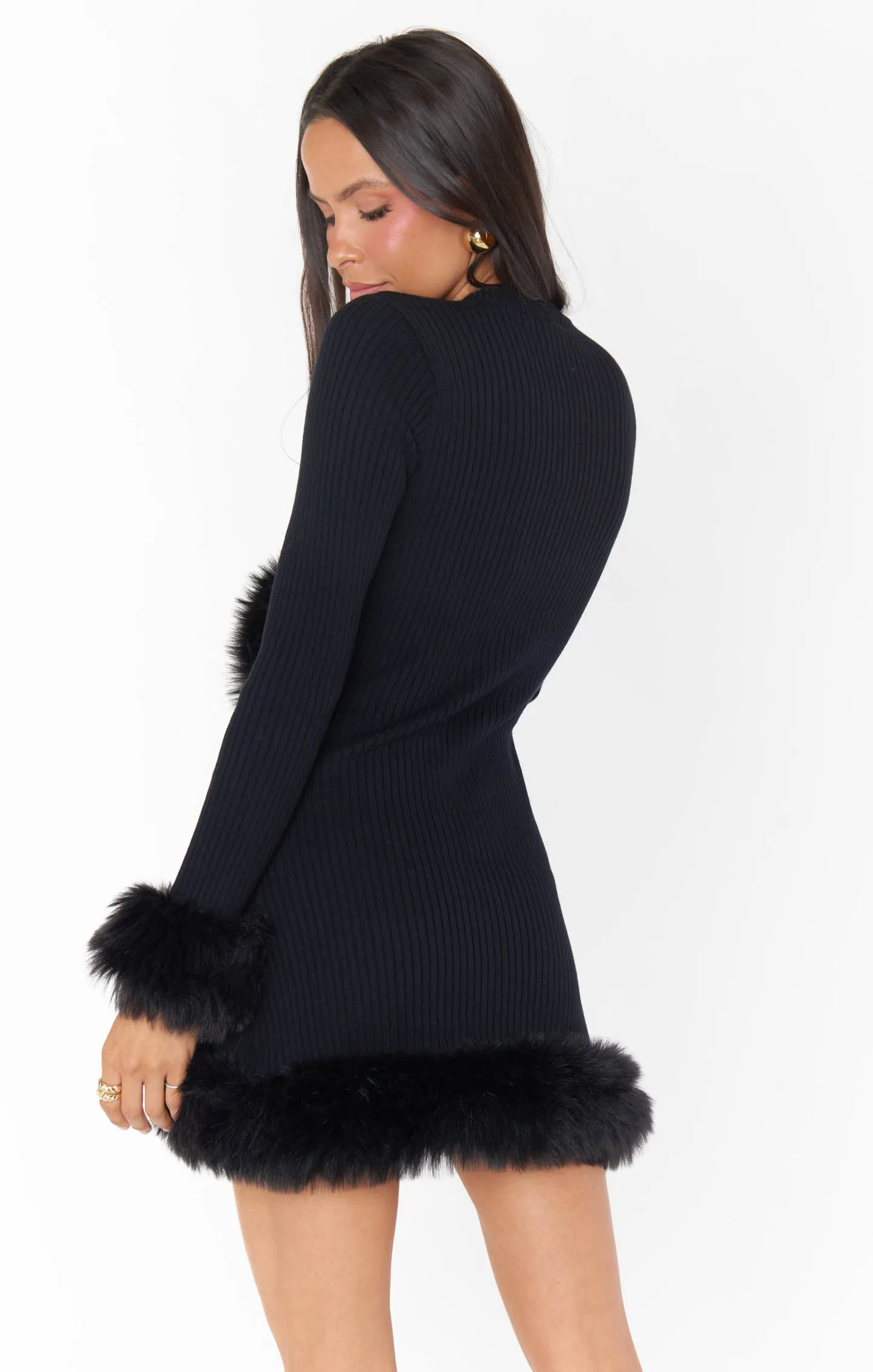 Show Me Your Mumu Fran Mini Dress in Black Knit with Faux Fur