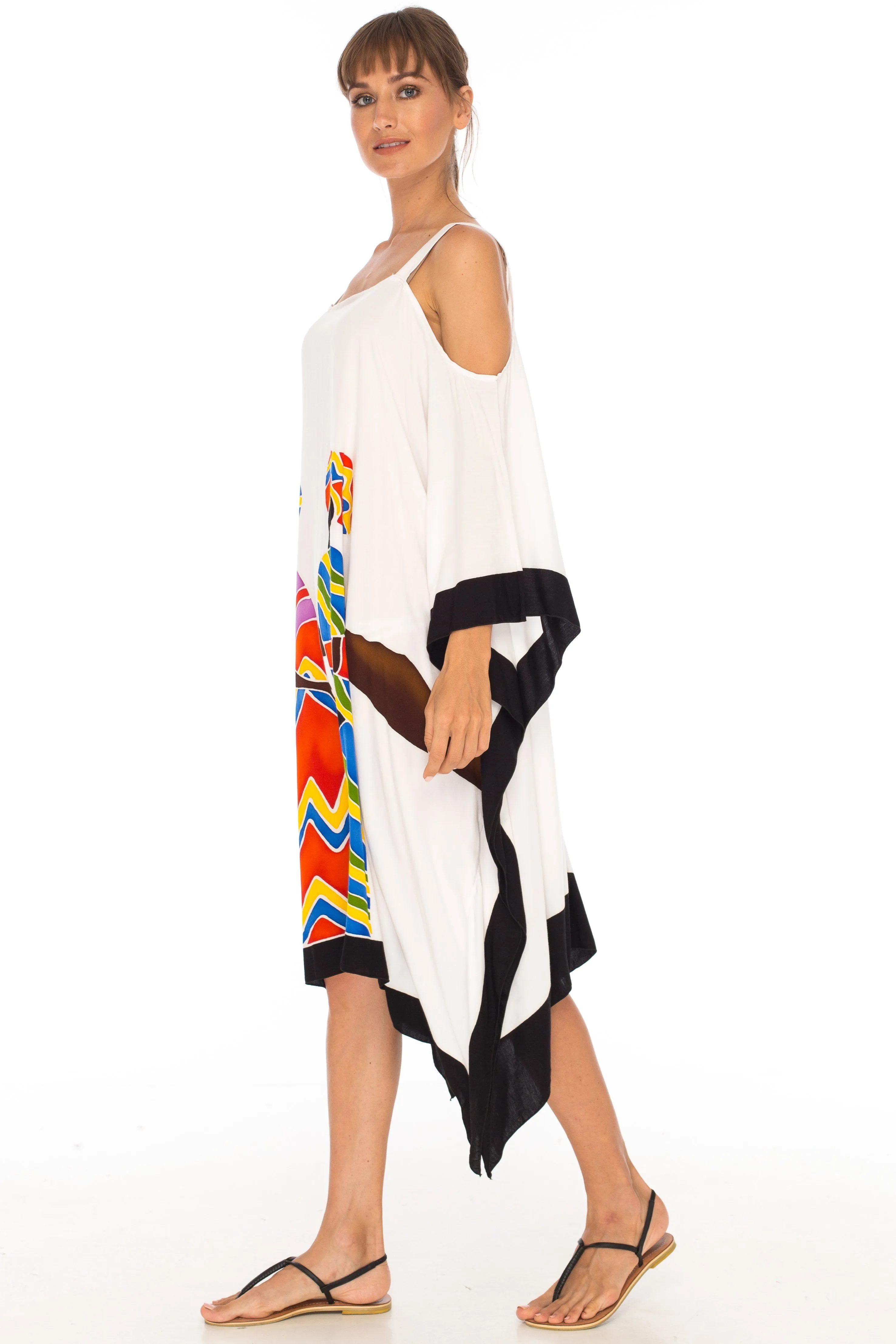 SHU-SHI Women's Hand Painted Tribal Poncho Dress | Loose Beach Cover Up | Short Cold Shoulder Tunic with Cut Outs