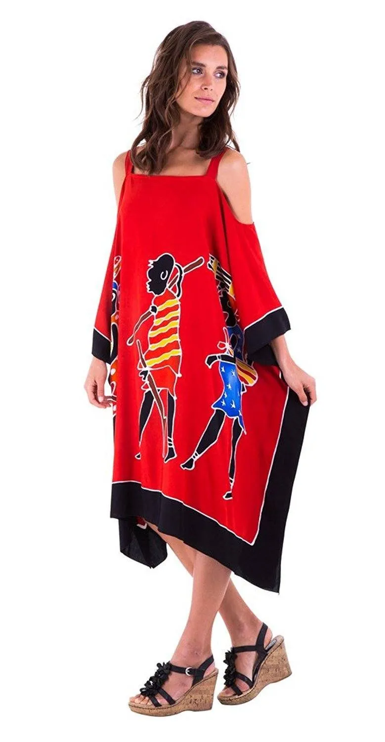 SHU-SHI Women's Hand Painted Tribal Poncho Dress | Loose Beach Cover Up | Short Cold Shoulder Tunic with Cut Outs