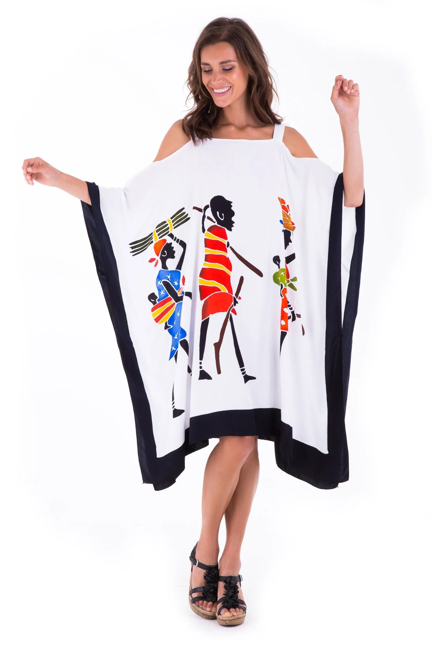 SHU-SHI Women's Hand Painted Tribal Poncho Dress | Loose Beach Cover Up | Short Cold Shoulder Tunic with Cut Outs