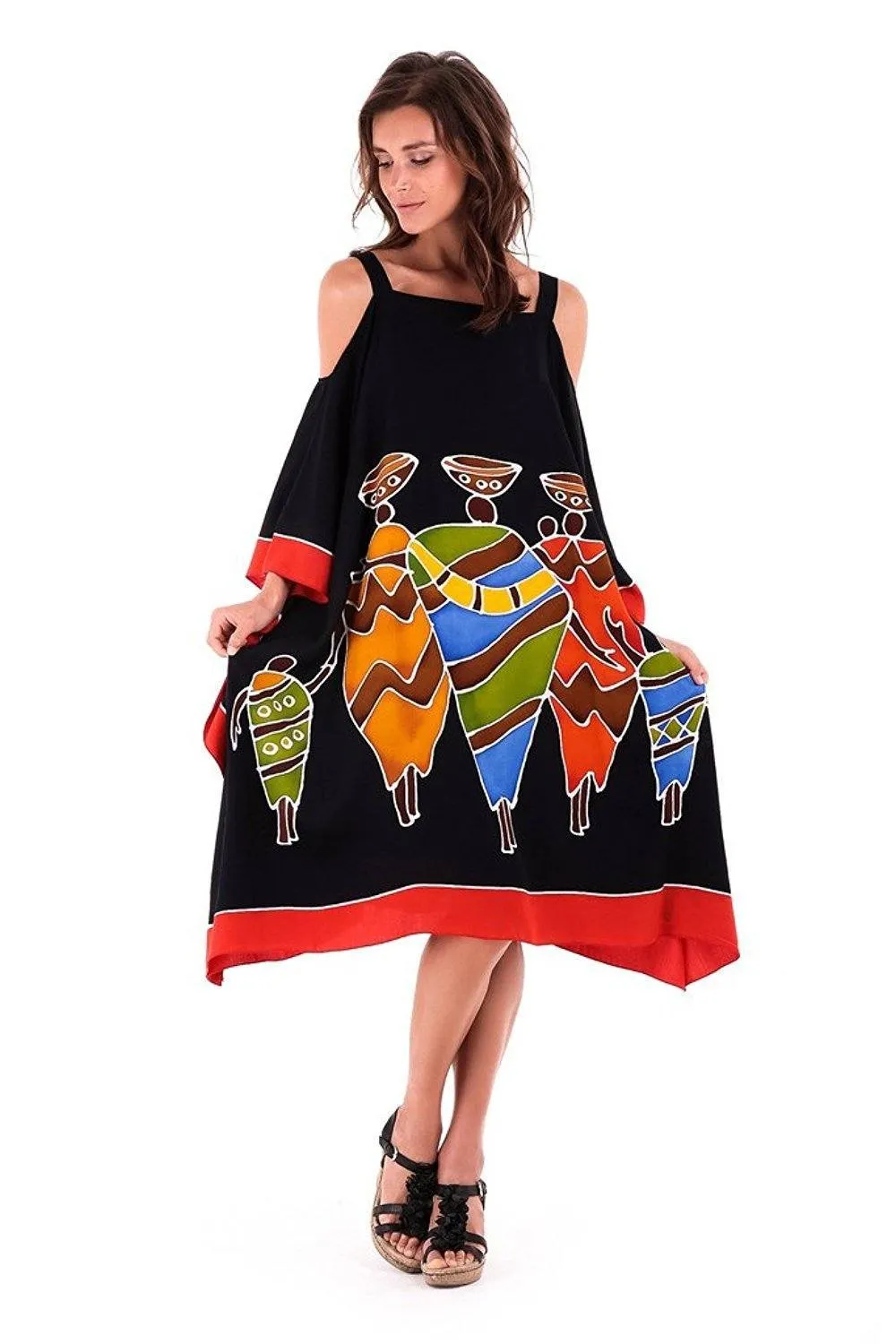 SHU-SHI Women's Hand Painted Tribal Poncho Dress | Loose Beach Cover Up | Short Cold Shoulder Tunic with Cut Outs