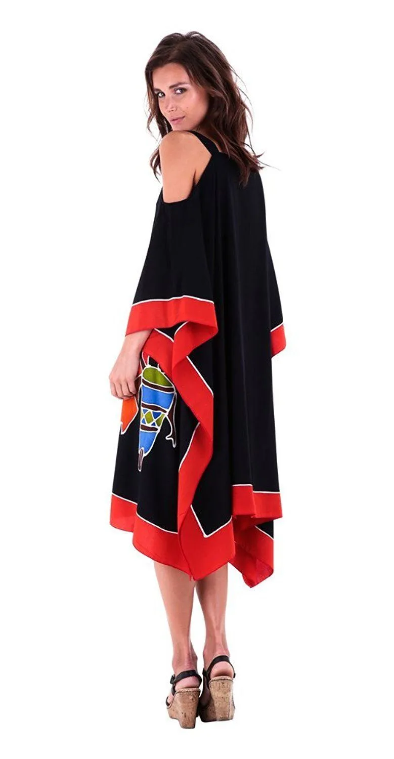 SHU-SHI Women's Hand Painted Tribal Poncho Dress | Loose Beach Cover Up | Short Cold Shoulder Tunic with Cut Outs