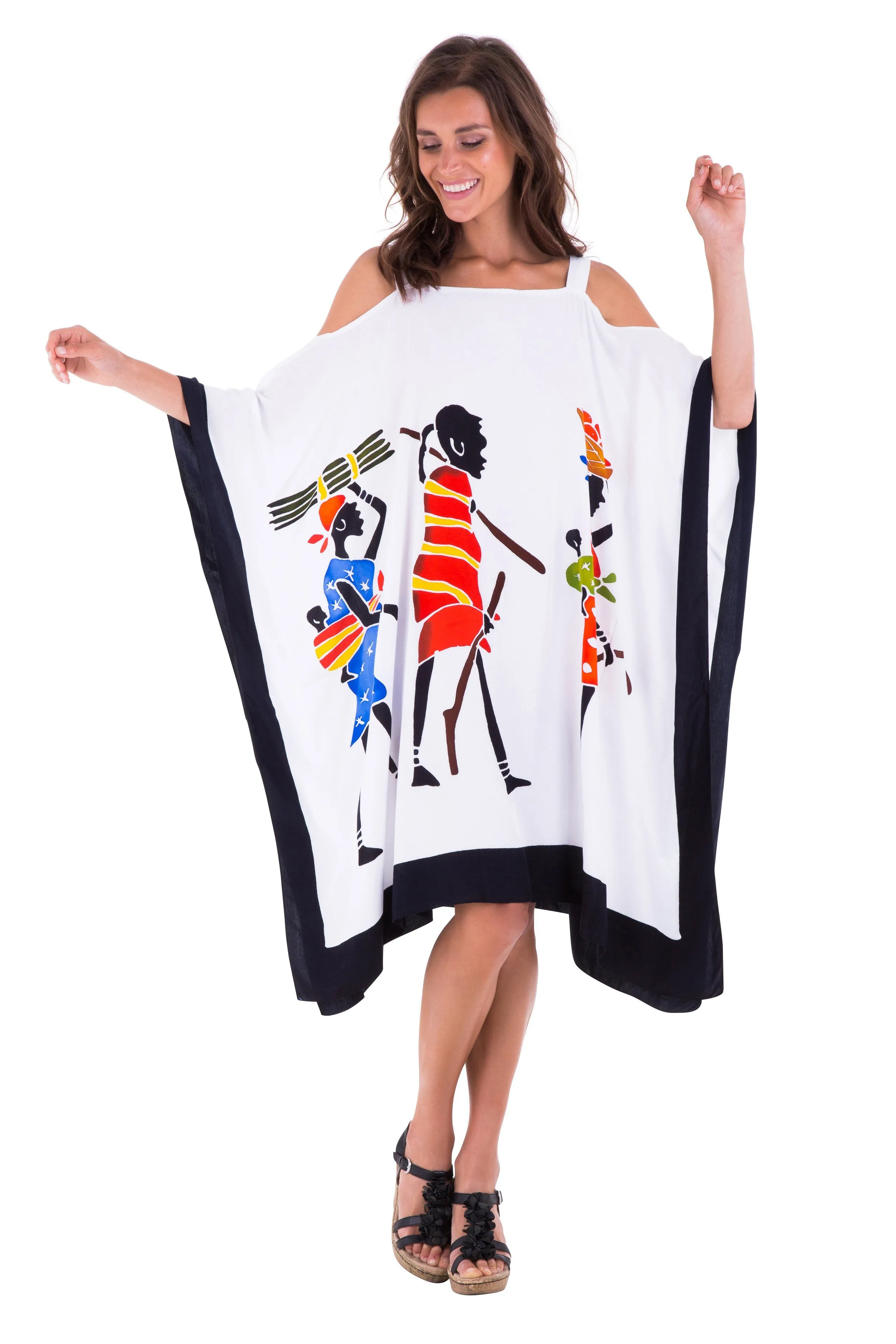 SHU-SHI Women's Hand Painted Tribal Poncho Dress | Loose Beach Cover Up | Short Cold Shoulder Tunic with Cut Outs