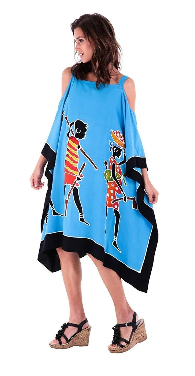 SHU-SHI Women's Hand Painted Tribal Poncho Dress | Loose Beach Cover Up | Short Cold Shoulder Tunic with Cut Outs