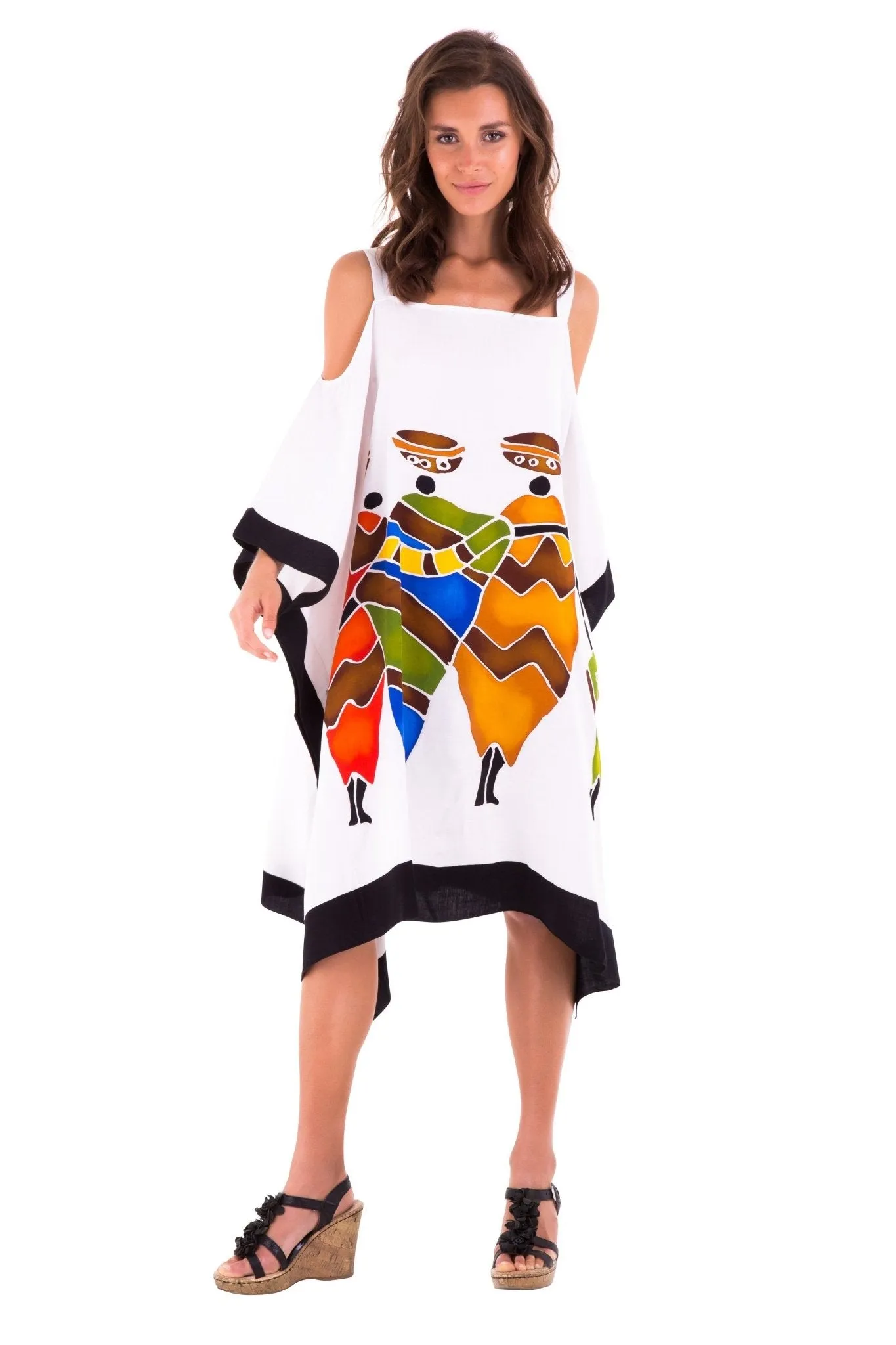 SHU-SHI Women's Hand Painted Tribal Poncho Dress | Loose Beach Cover Up | Short Cold Shoulder Tunic with Cut Outs