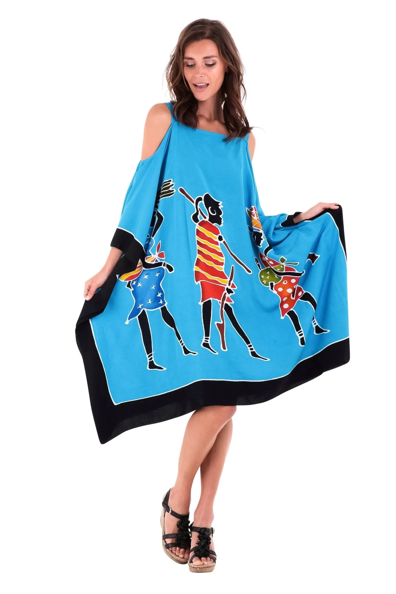 SHU-SHI Women's Hand Painted Tribal Poncho Dress | Loose Beach Cover Up | Short Cold Shoulder Tunic with Cut Outs