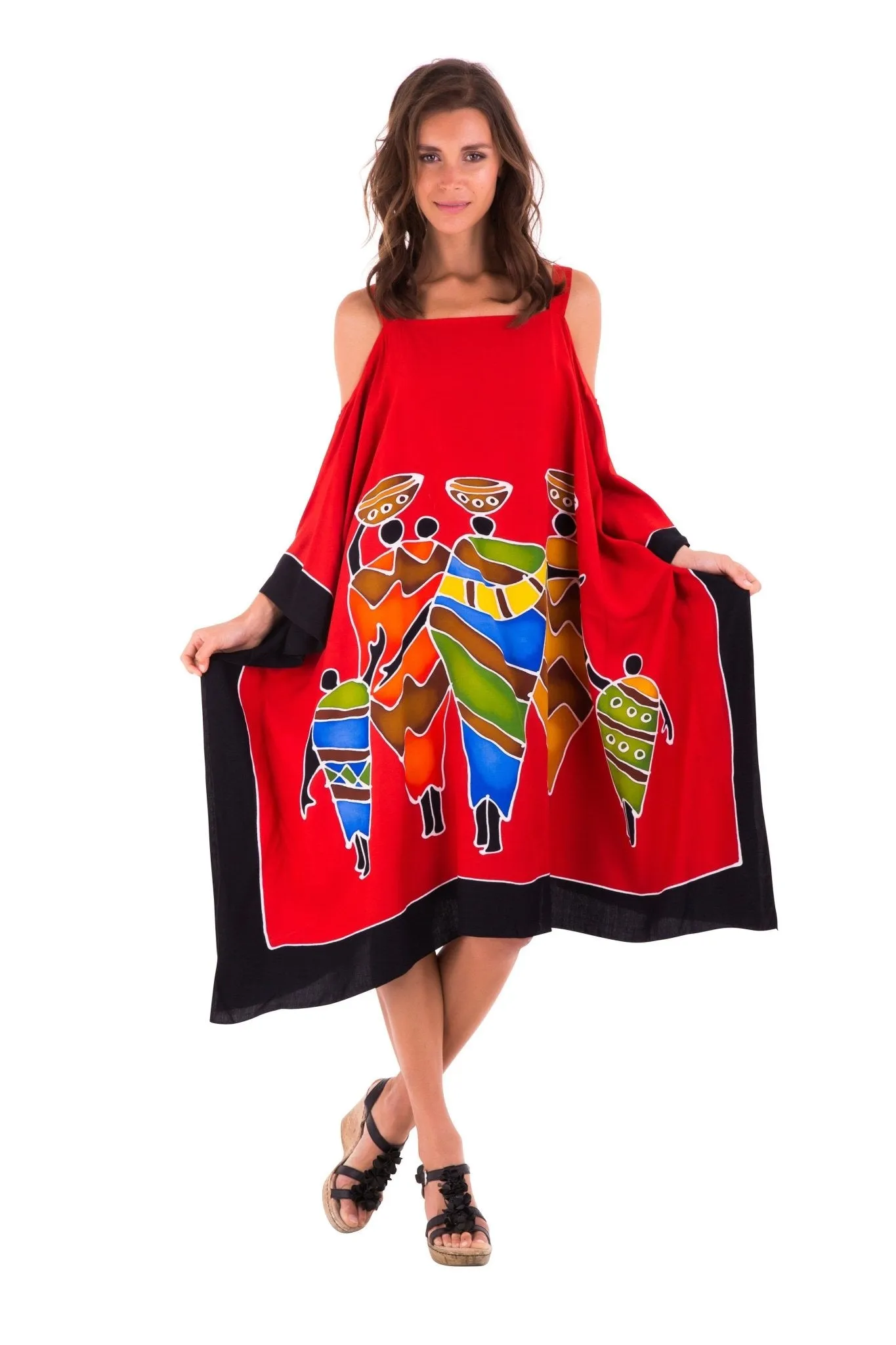 SHU-SHI Women's Hand Painted Tribal Poncho Dress | Loose Beach Cover Up | Short Cold Shoulder Tunic with Cut Outs