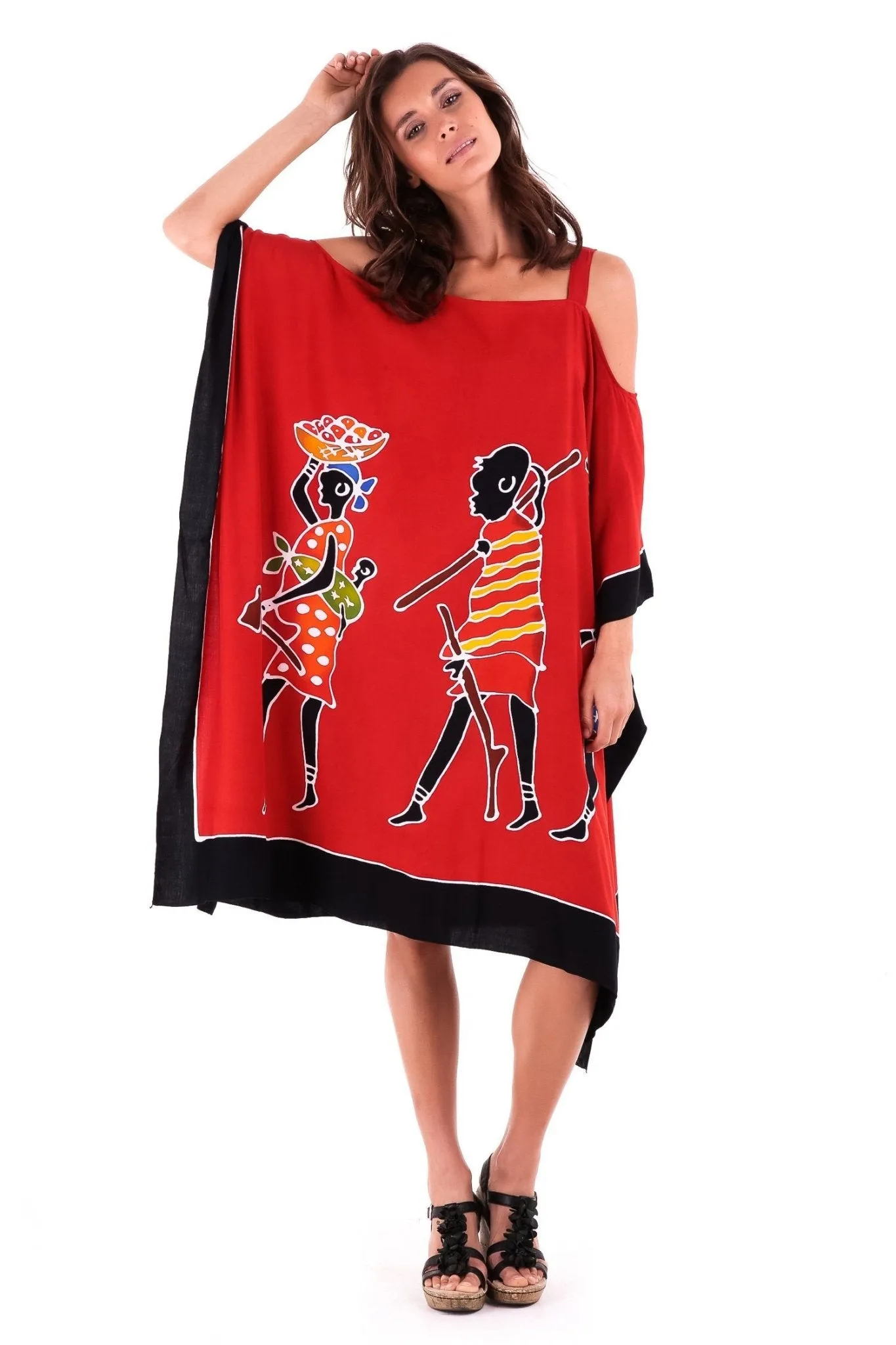 SHU-SHI Women's Hand Painted Tribal Poncho Dress | Loose Beach Cover Up | Short Cold Shoulder Tunic with Cut Outs