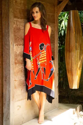 SHU-SHI Women's Hand Painted Tribal Poncho Dress | Loose Beach Cover Up | Short Cold Shoulder Tunic with Cut Outs