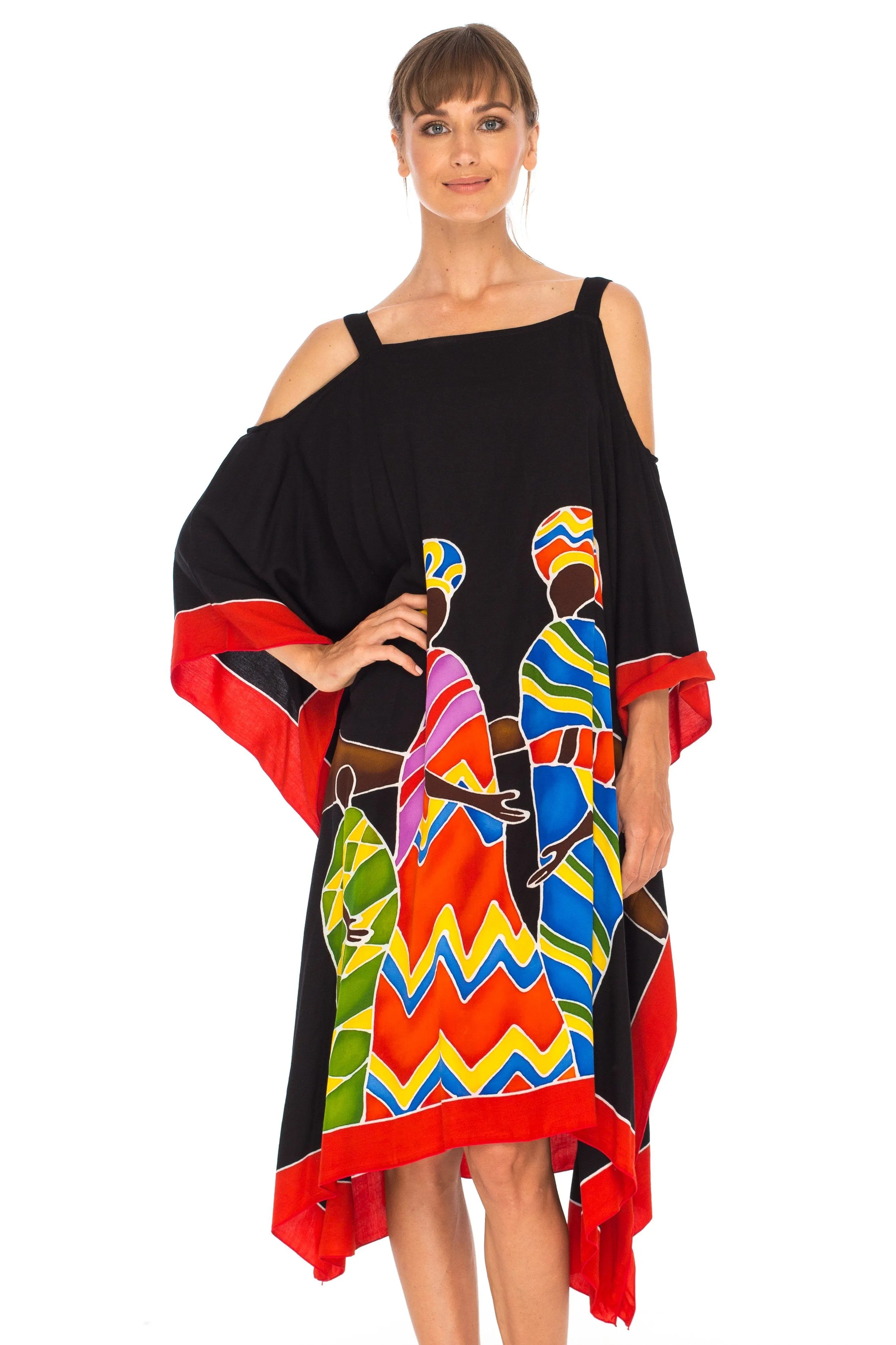 SHU-SHI Women's Hand Painted Tribal Poncho Dress | Loose Beach Cover Up | Short Cold Shoulder Tunic with Cut Outs