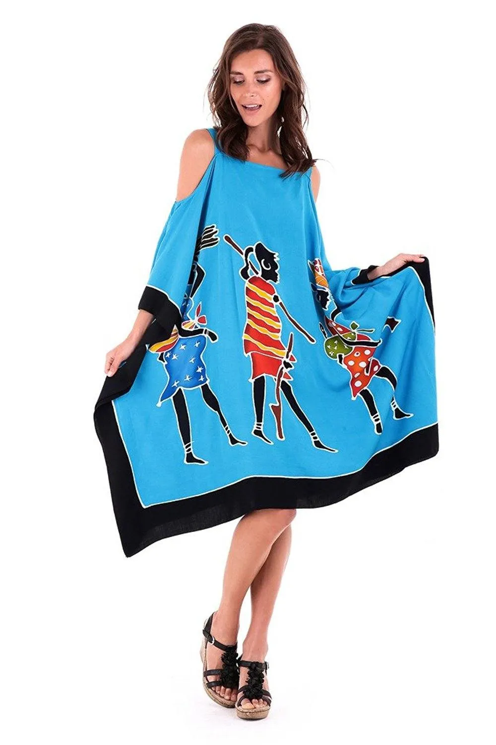 SHU-SHI Women's Hand Painted Tribal Poncho Dress | Loose Beach Cover Up | Short Cold Shoulder Tunic with Cut Outs