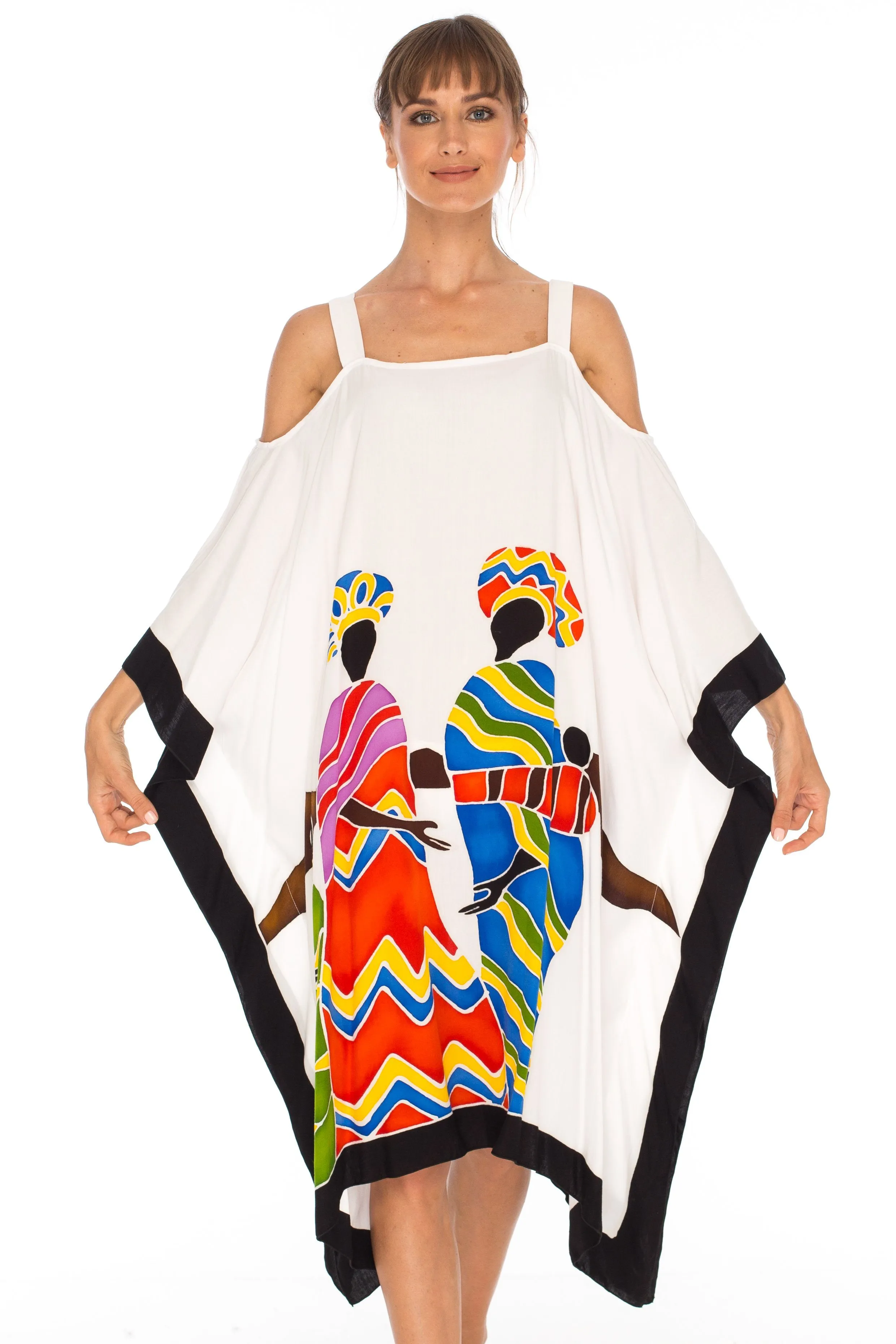 SHU-SHI Women's Hand Painted Tribal Poncho Dress | Loose Beach Cover Up | Short Cold Shoulder Tunic with Cut Outs