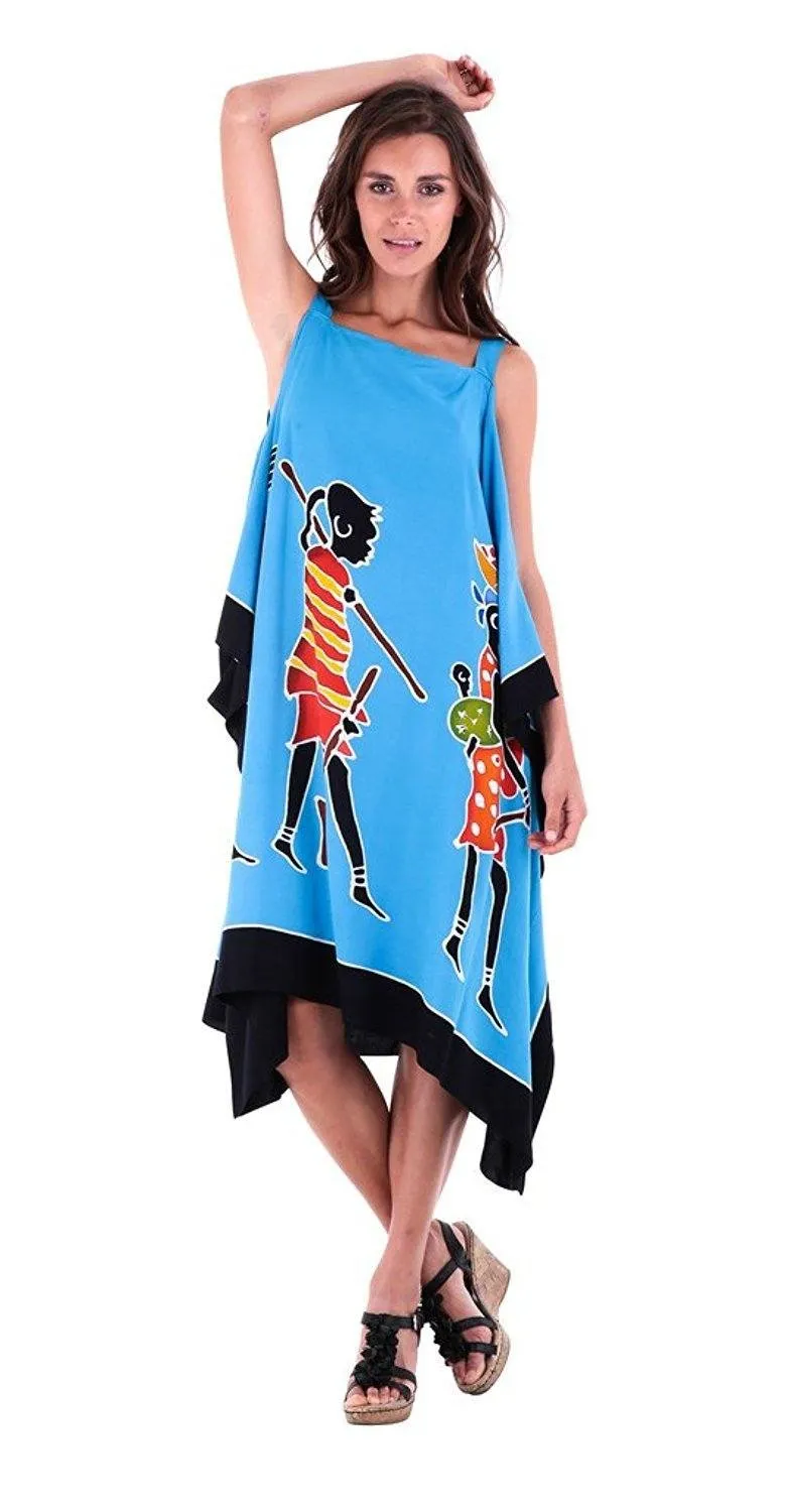 SHU-SHI Women's Hand Painted Tribal Poncho Dress | Loose Beach Cover Up | Short Cold Shoulder Tunic with Cut Outs