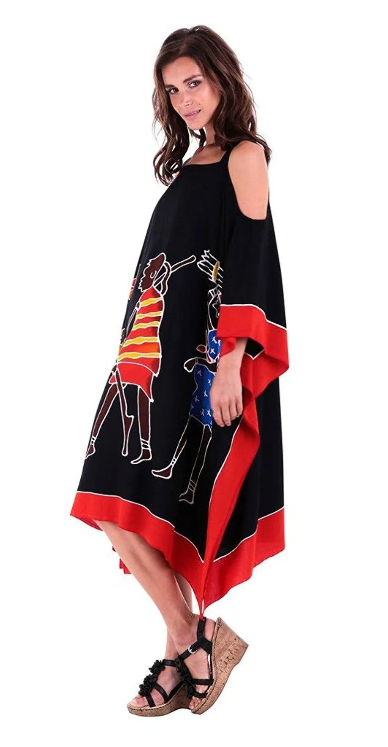 SHU-SHI Women's Hand Painted Tribal Poncho Dress | Loose Beach Cover Up | Short Cold Shoulder Tunic with Cut Outs