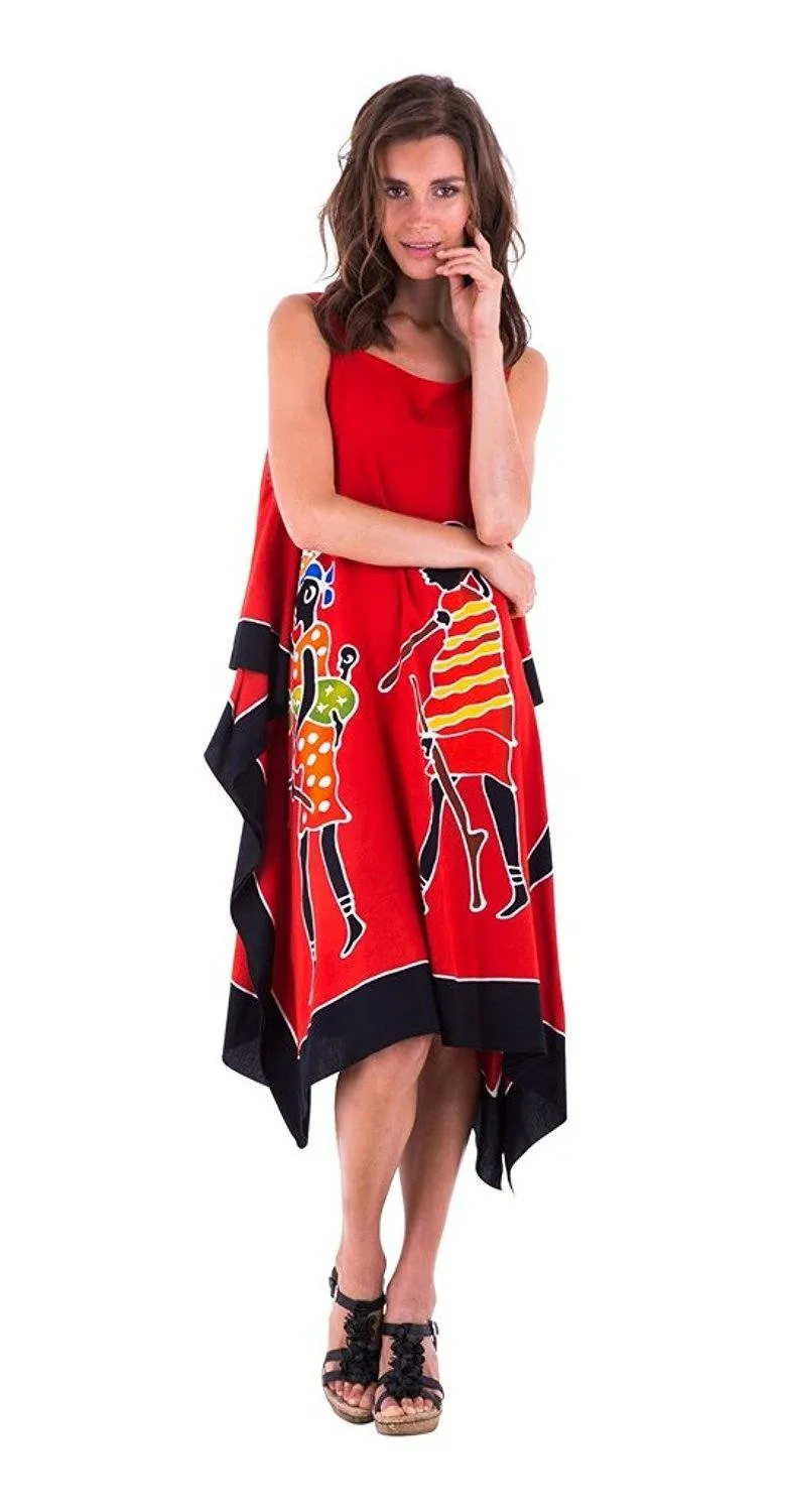 SHU-SHI Women's Hand Painted Tribal Poncho Dress | Loose Beach Cover Up | Short Cold Shoulder Tunic with Cut Outs