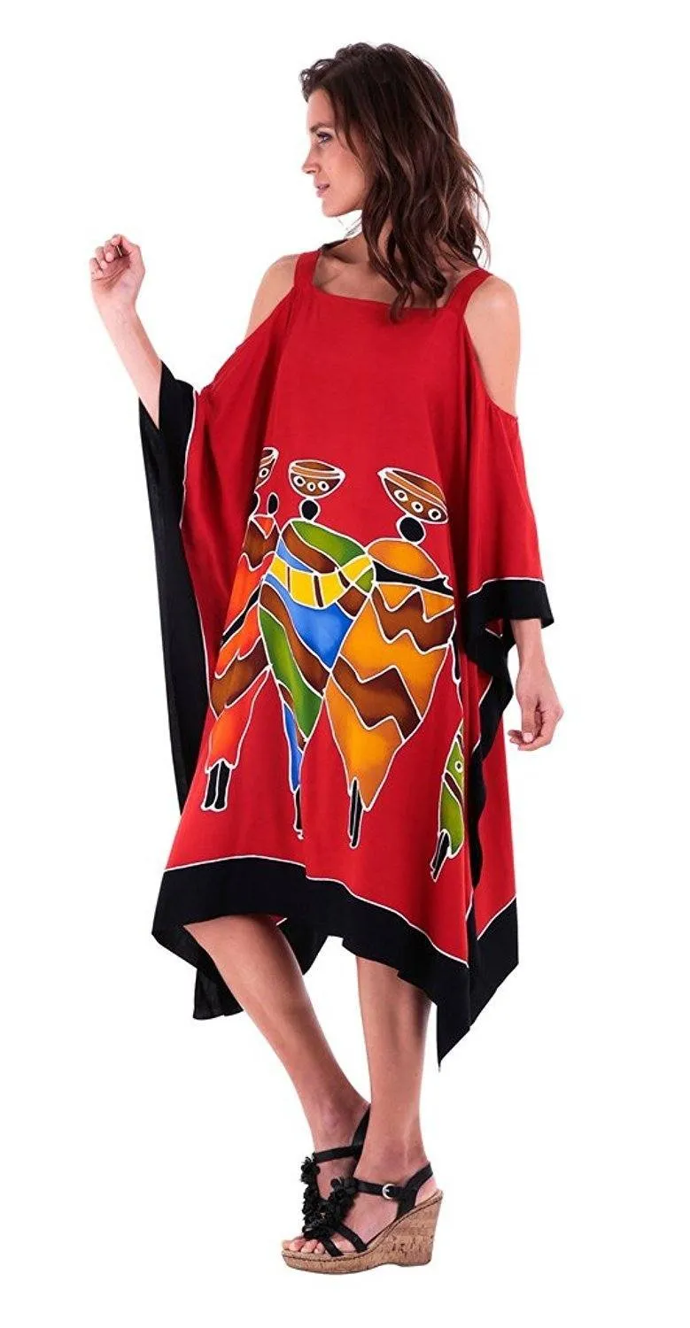 SHU-SHI Women's Hand Painted Tribal Poncho Dress | Loose Beach Cover Up | Short Cold Shoulder Tunic with Cut Outs