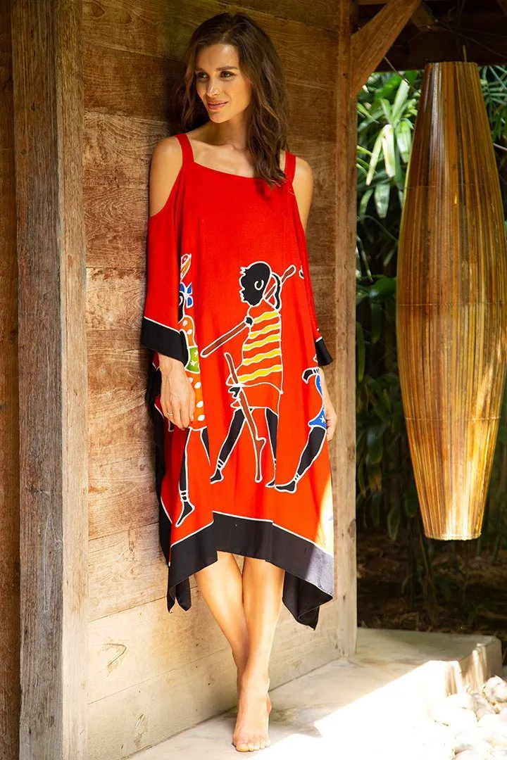 SHU-SHI Women's Hand Painted Tribal Poncho Dress | Loose Beach Cover Up | Short Cold Shoulder Tunic with Cut Outs