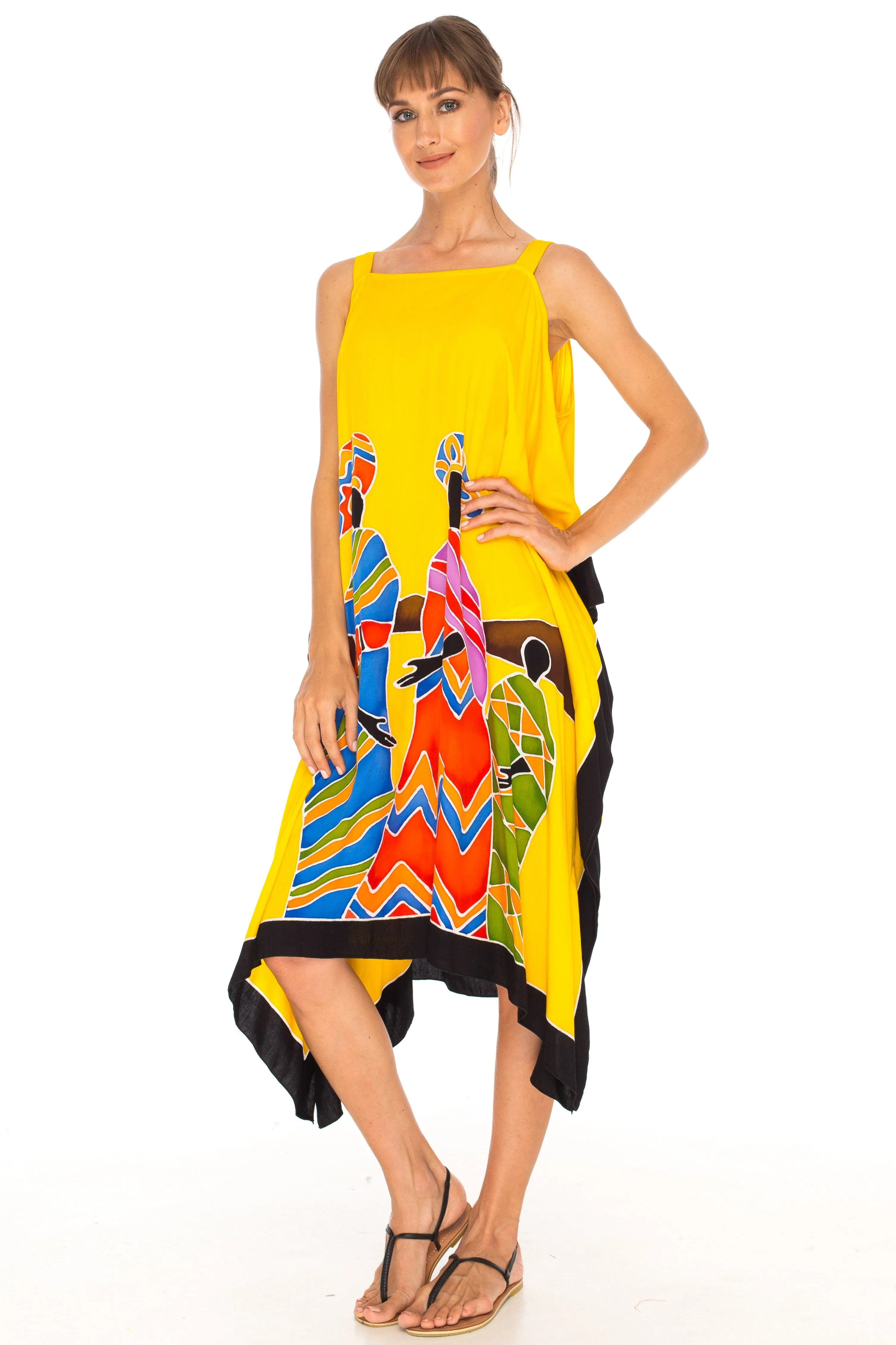 SHU-SHI Women's Hand Painted Tribal Poncho Dress | Loose Beach Cover Up | Short Cold Shoulder Tunic with Cut Outs