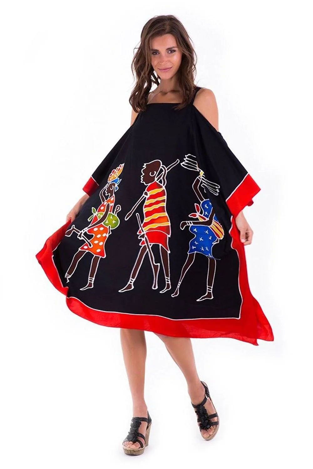 SHU-SHI Women's Hand Painted Tribal Poncho Dress | Loose Beach Cover Up | Short Cold Shoulder Tunic with Cut Outs