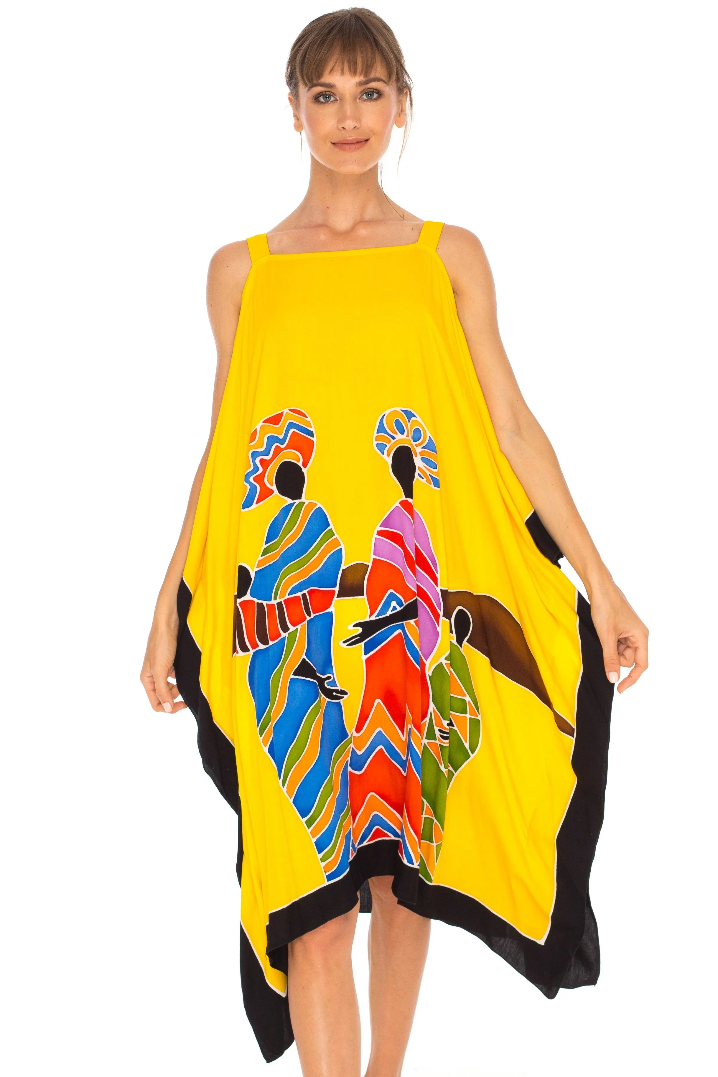 SHU-SHI Women's Hand Painted Tribal Poncho Dress | Loose Beach Cover Up | Short Cold Shoulder Tunic with Cut Outs