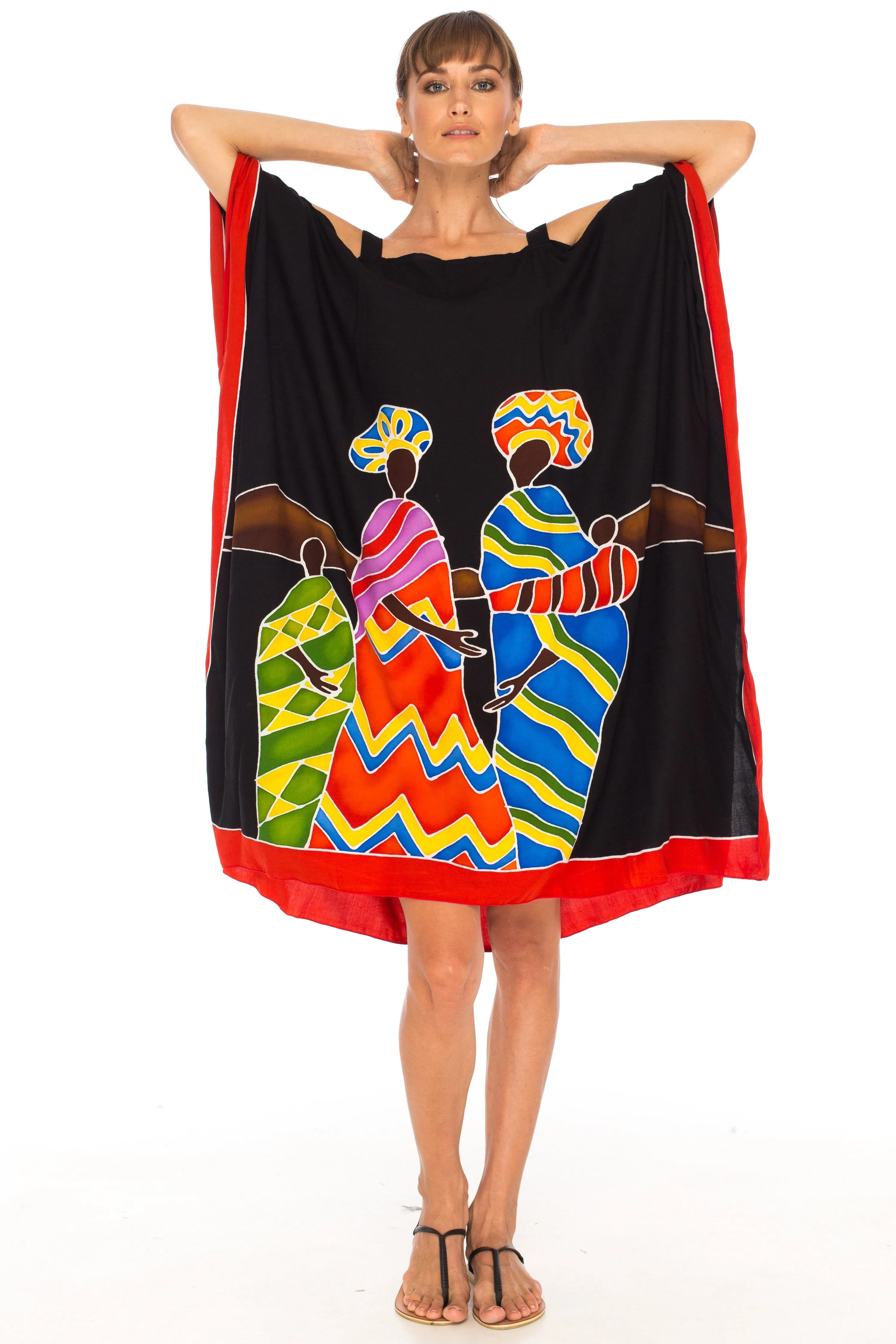 SHU-SHI Women's Hand Painted Tribal Poncho Dress | Loose Beach Cover Up | Short Cold Shoulder Tunic with Cut Outs