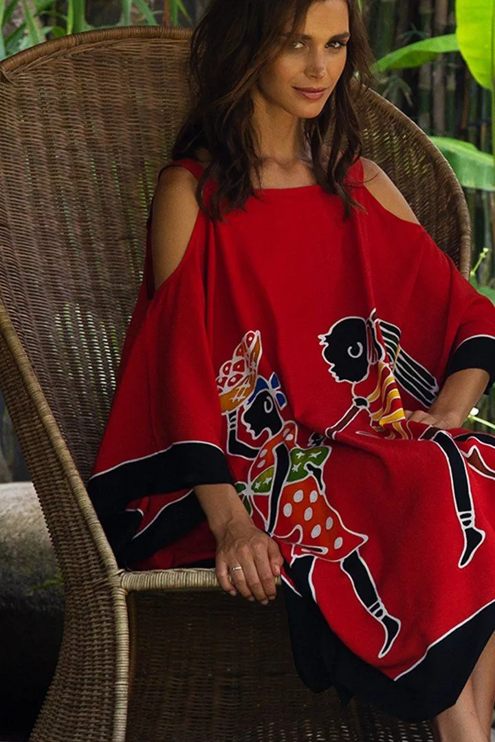 SHU-SHI Women's Hand Painted Tribal Poncho Dress | Loose Beach Cover Up | Short Cold Shoulder Tunic with Cut Outs