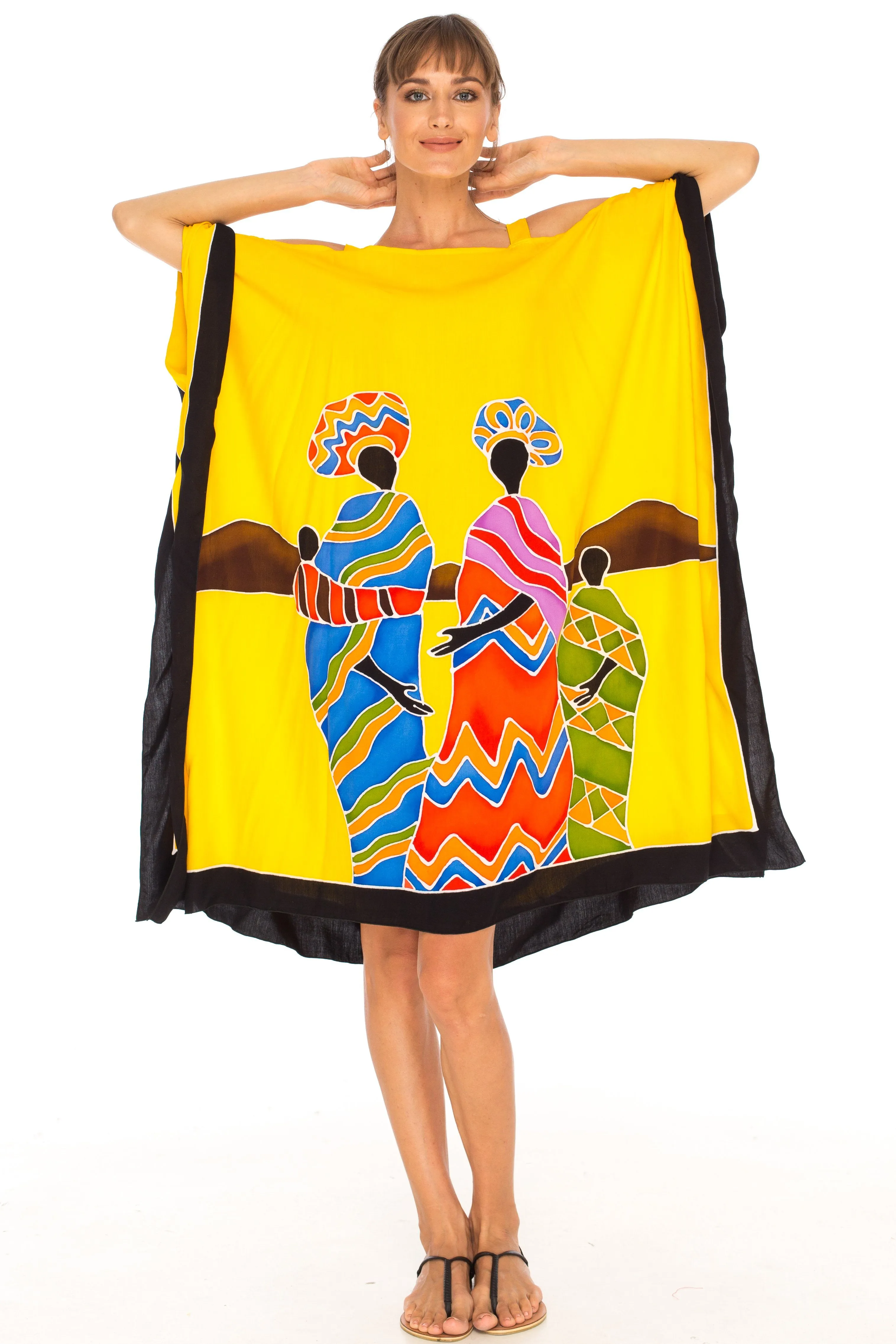 SHU-SHI Women's Hand Painted Tribal Poncho Dress | Loose Beach Cover Up | Short Cold Shoulder Tunic with Cut Outs