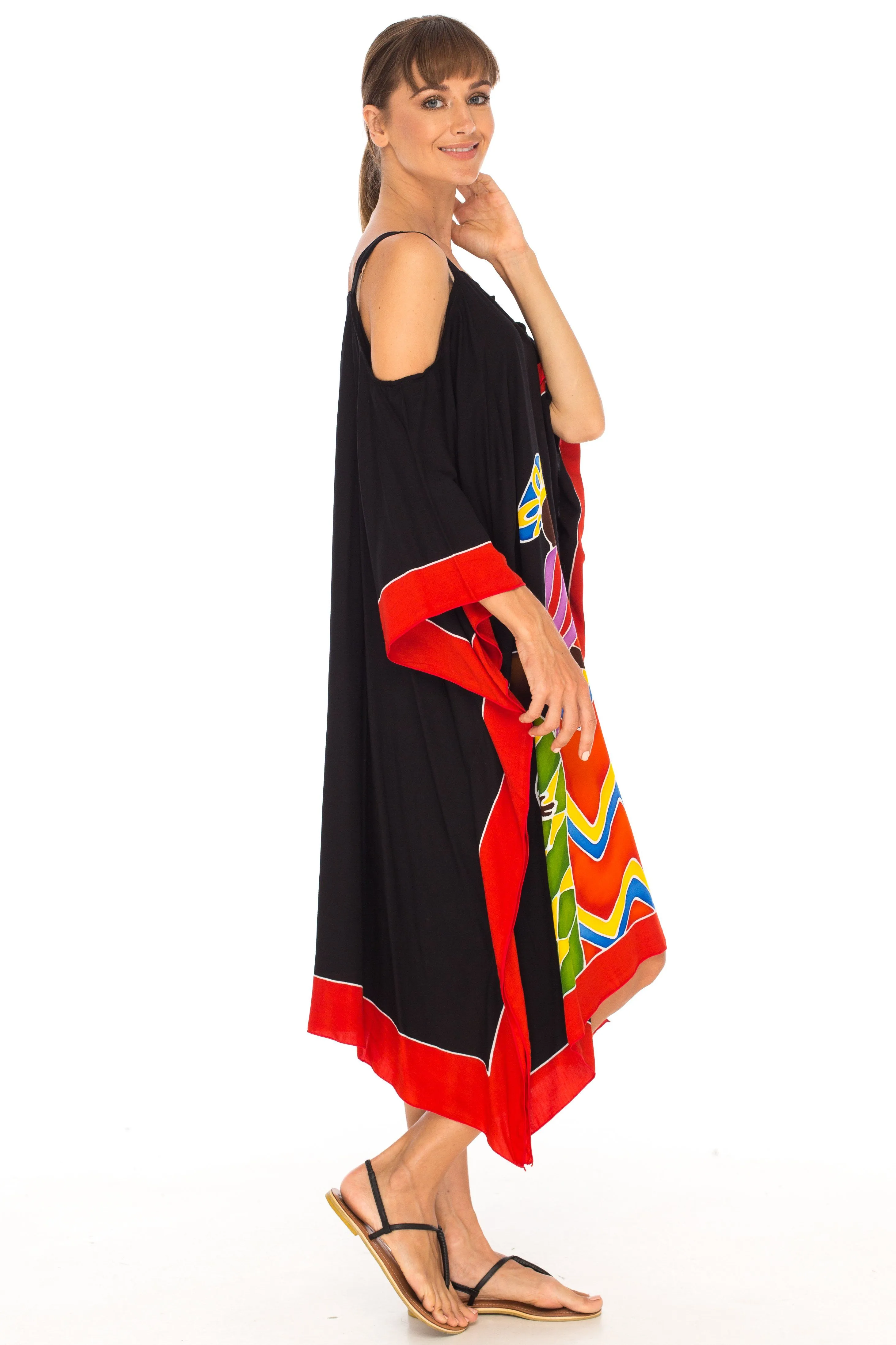 SHU-SHI Women's Hand Painted Tribal Poncho Dress | Loose Beach Cover Up | Short Cold Shoulder Tunic with Cut Outs