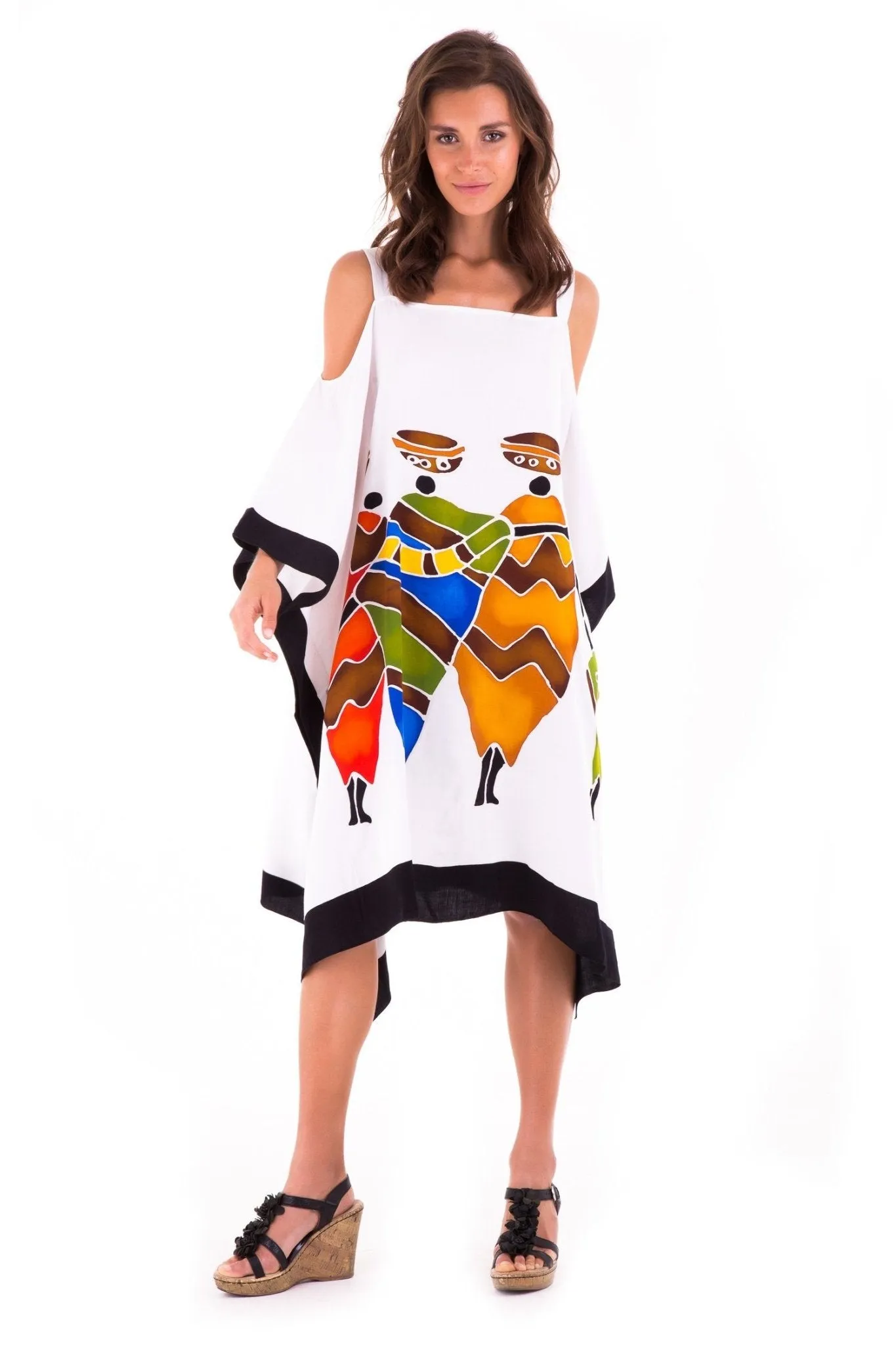 SHU-SHI Women's Hand Painted Tribal Poncho Dress | Loose Beach Cover Up | Short Cold Shoulder Tunic with Cut Outs