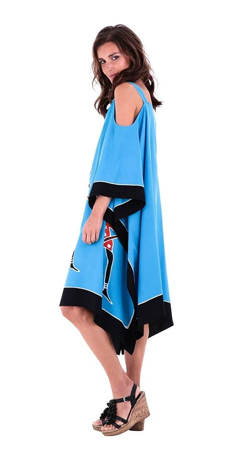 SHU-SHI Women's Hand Painted Tribal Poncho Dress | Loose Beach Cover Up | Short Cold Shoulder Tunic with Cut Outs