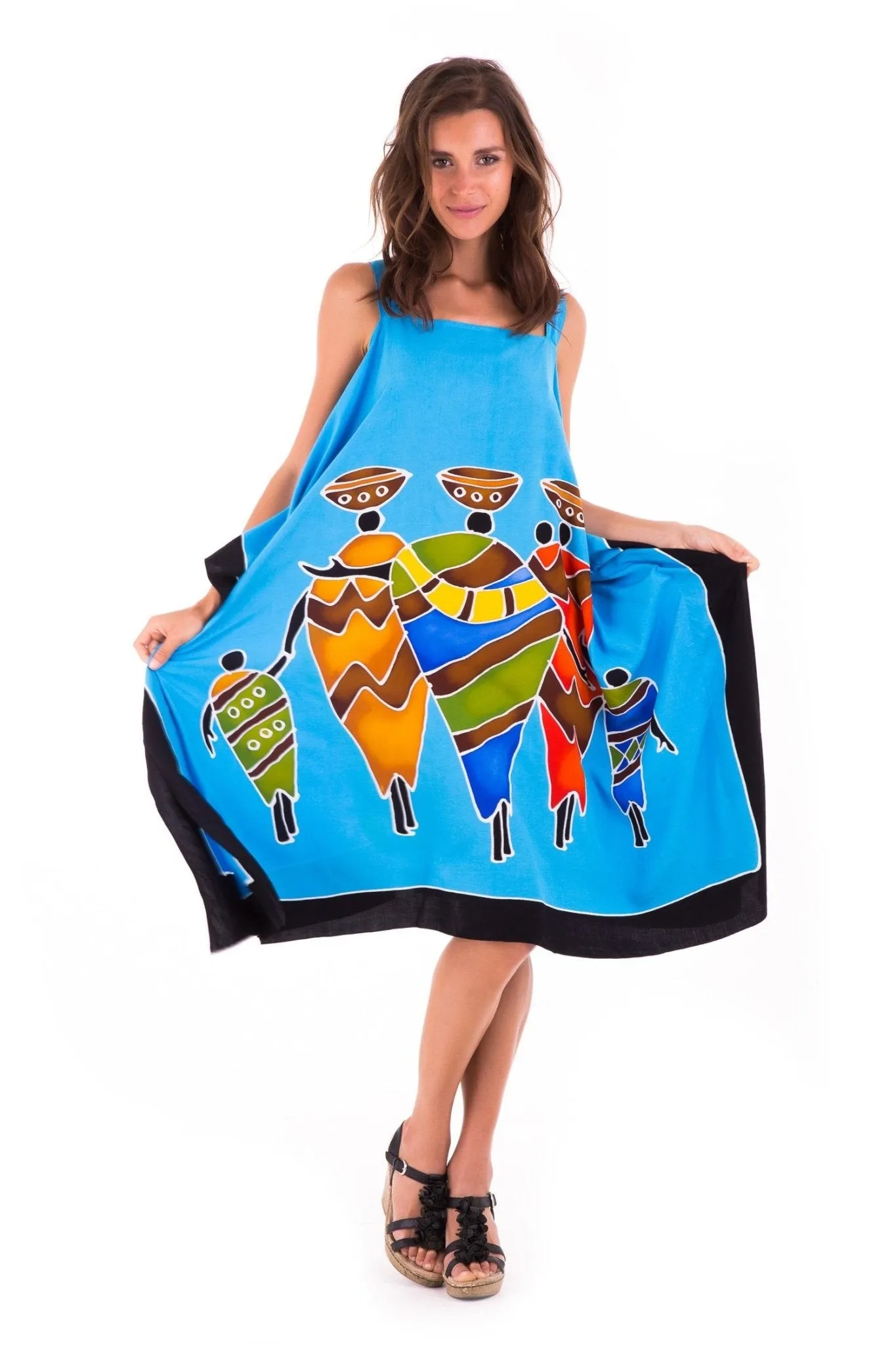 SHU-SHI Women's Hand Painted Tribal Poncho Dress | Loose Beach Cover Up | Short Cold Shoulder Tunic with Cut Outs