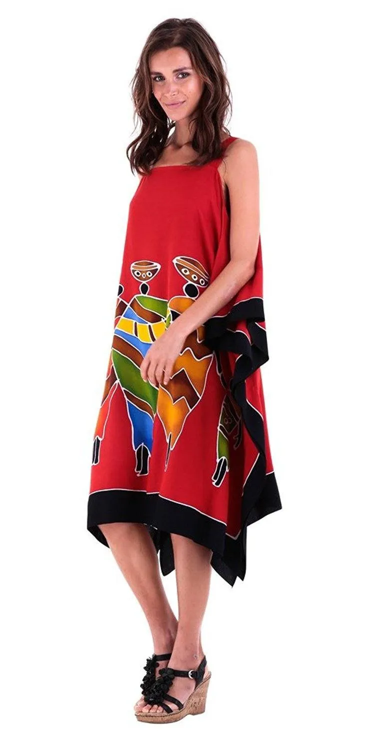 SHU-SHI Women's Hand Painted Tribal Poncho Dress | Loose Beach Cover Up | Short Cold Shoulder Tunic with Cut Outs