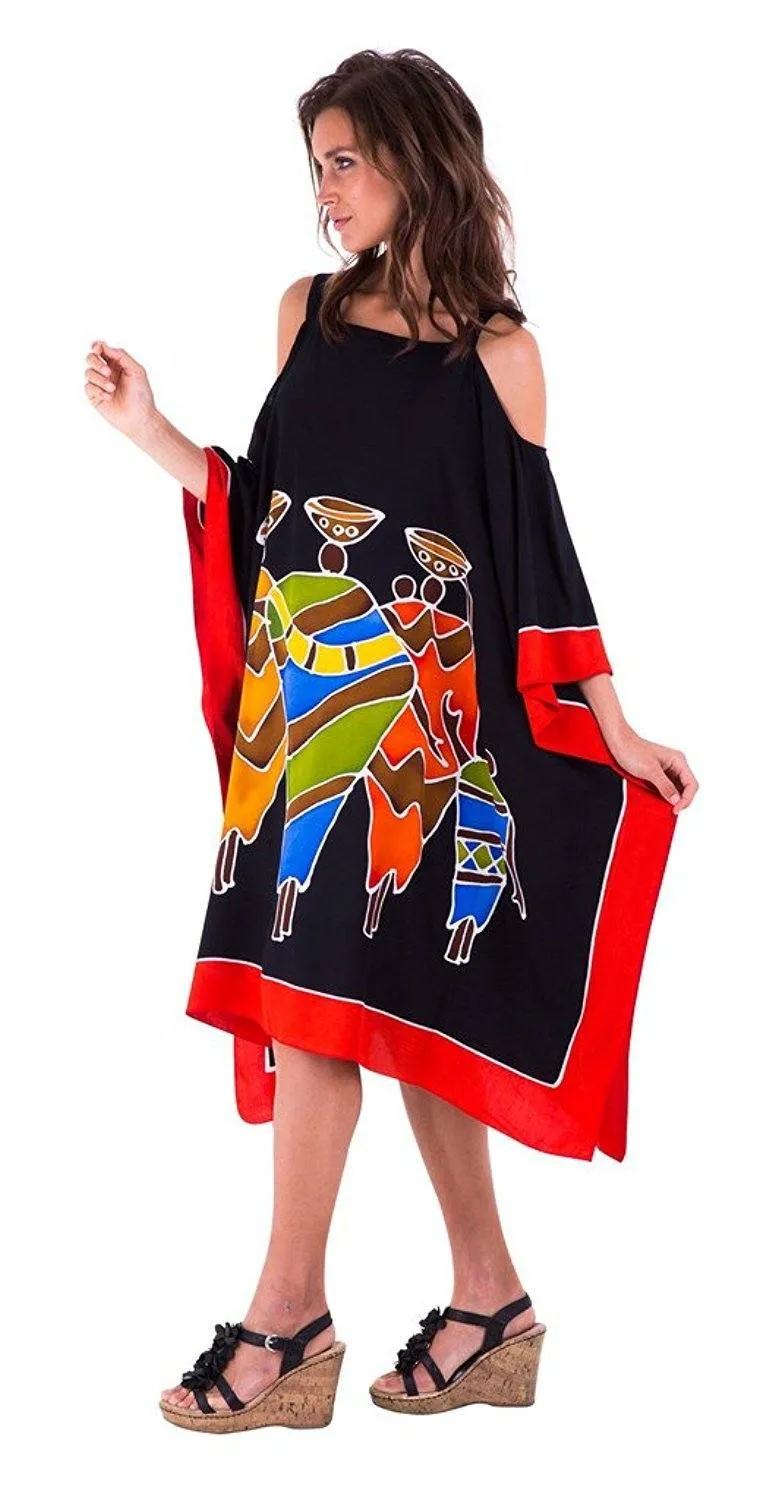 SHU-SHI Women's Hand Painted Tribal Poncho Dress | Loose Beach Cover Up | Short Cold Shoulder Tunic with Cut Outs