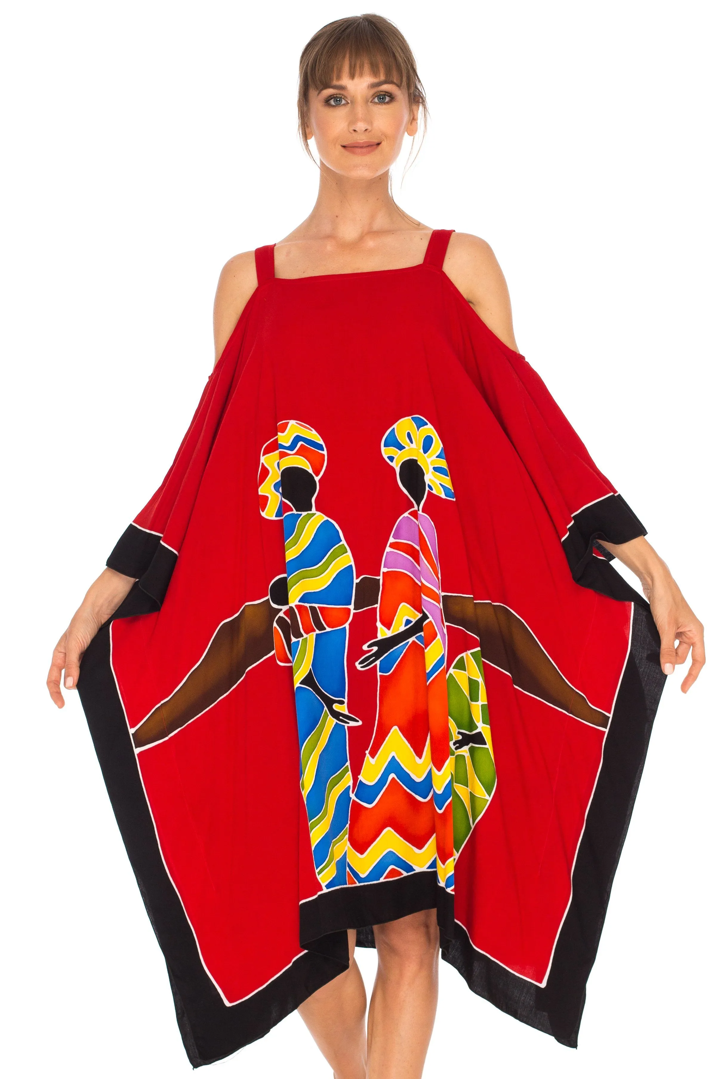 SHU-SHI Women's Hand Painted Tribal Poncho Dress | Loose Beach Cover Up | Short Cold Shoulder Tunic with Cut Outs