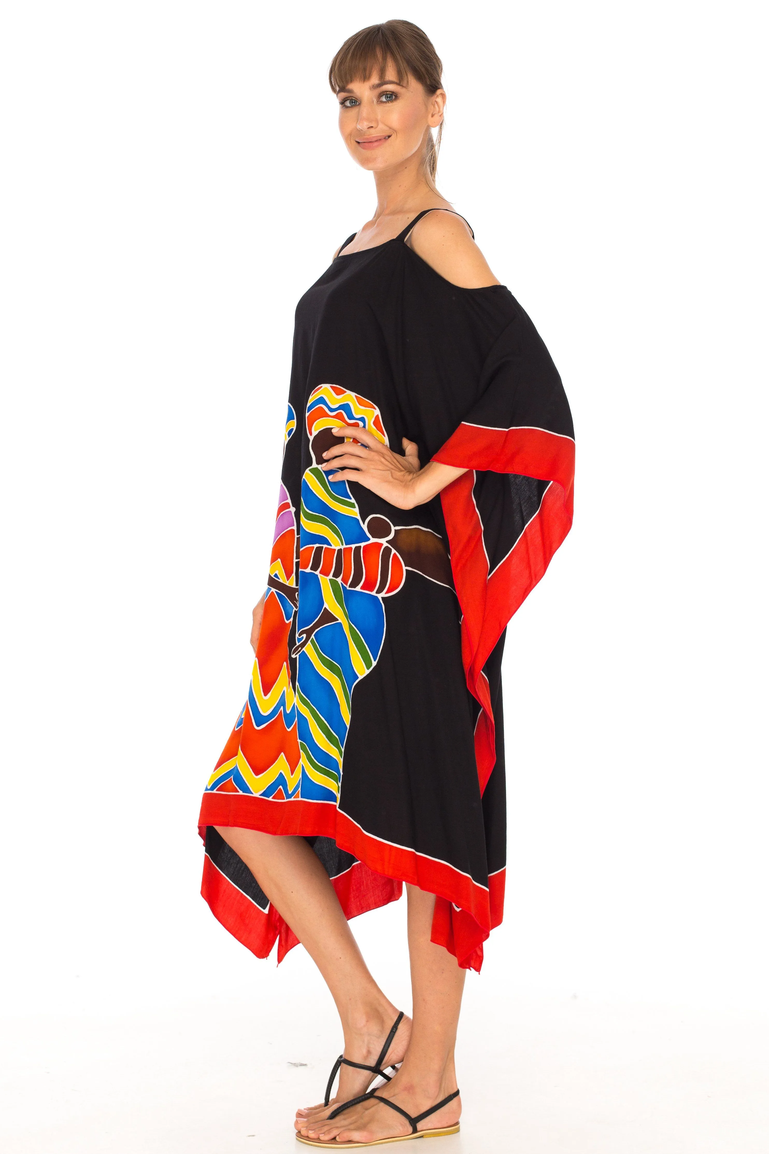 SHU-SHI Women's Hand Painted Tribal Poncho Dress | Loose Beach Cover Up | Short Cold Shoulder Tunic with Cut Outs