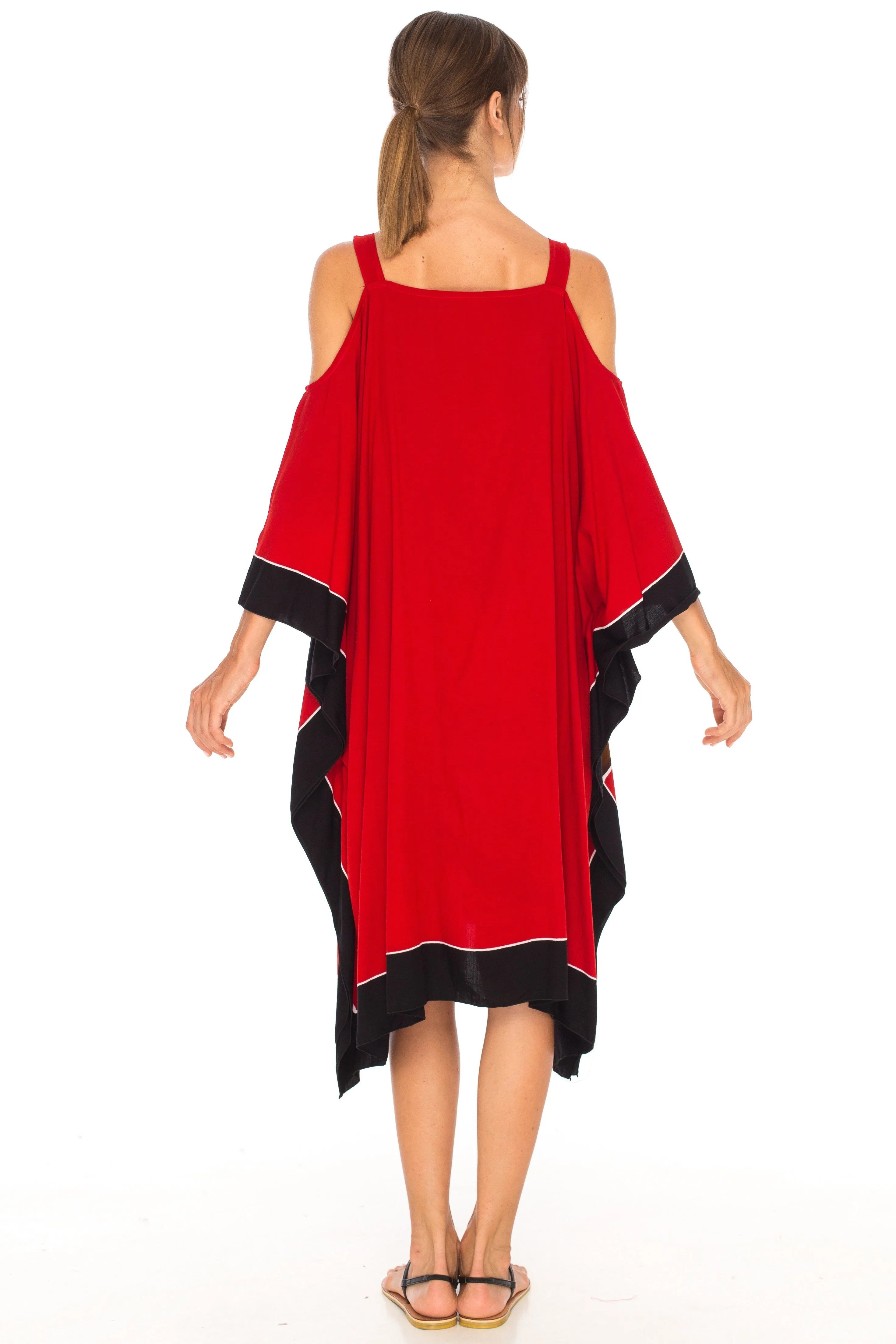 SHU-SHI Women's Hand Painted Tribal Poncho Dress | Loose Beach Cover Up | Short Cold Shoulder Tunic with Cut Outs