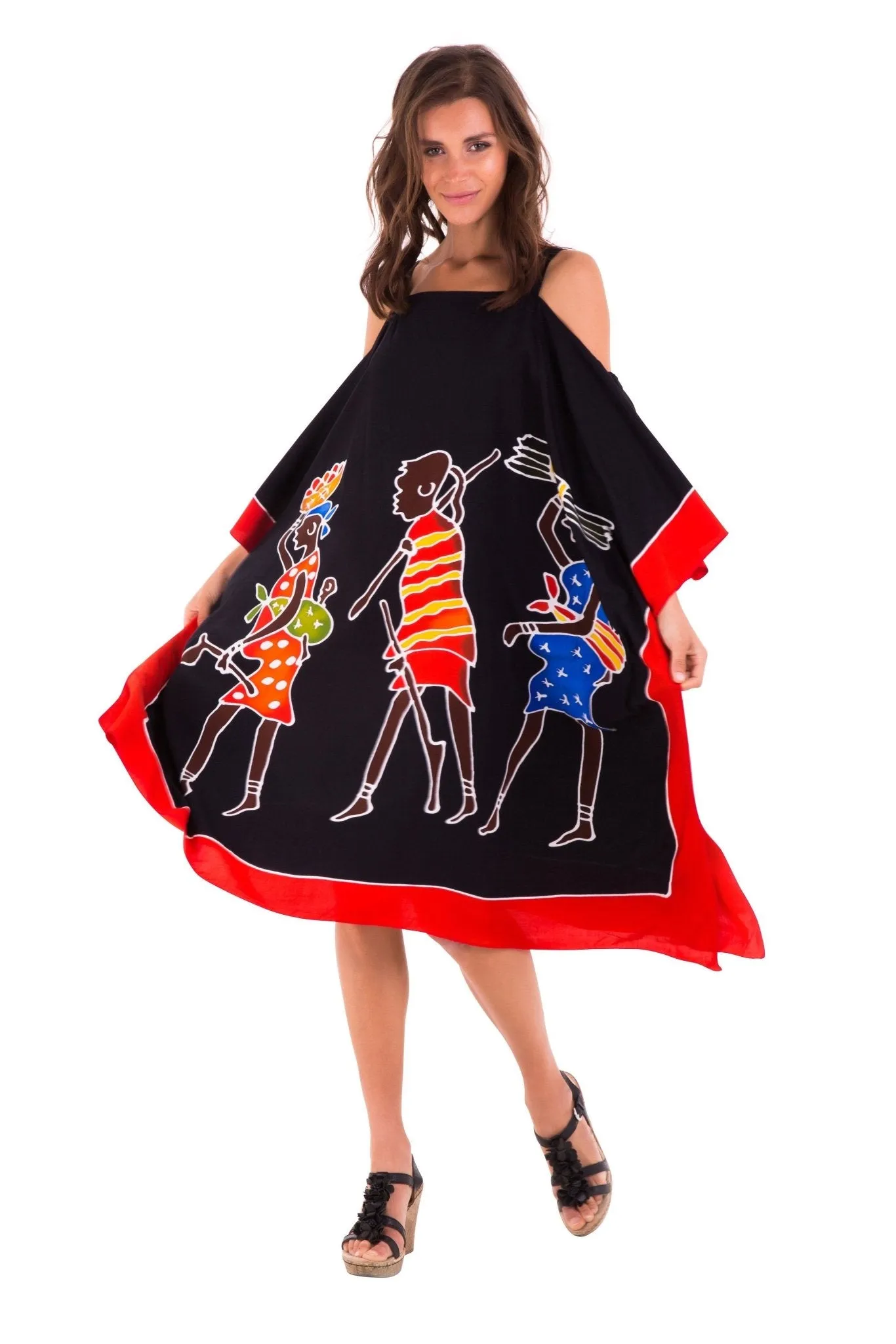 SHU-SHI Women's Hand Painted Tribal Poncho Dress | Loose Beach Cover Up | Short Cold Shoulder Tunic with Cut Outs