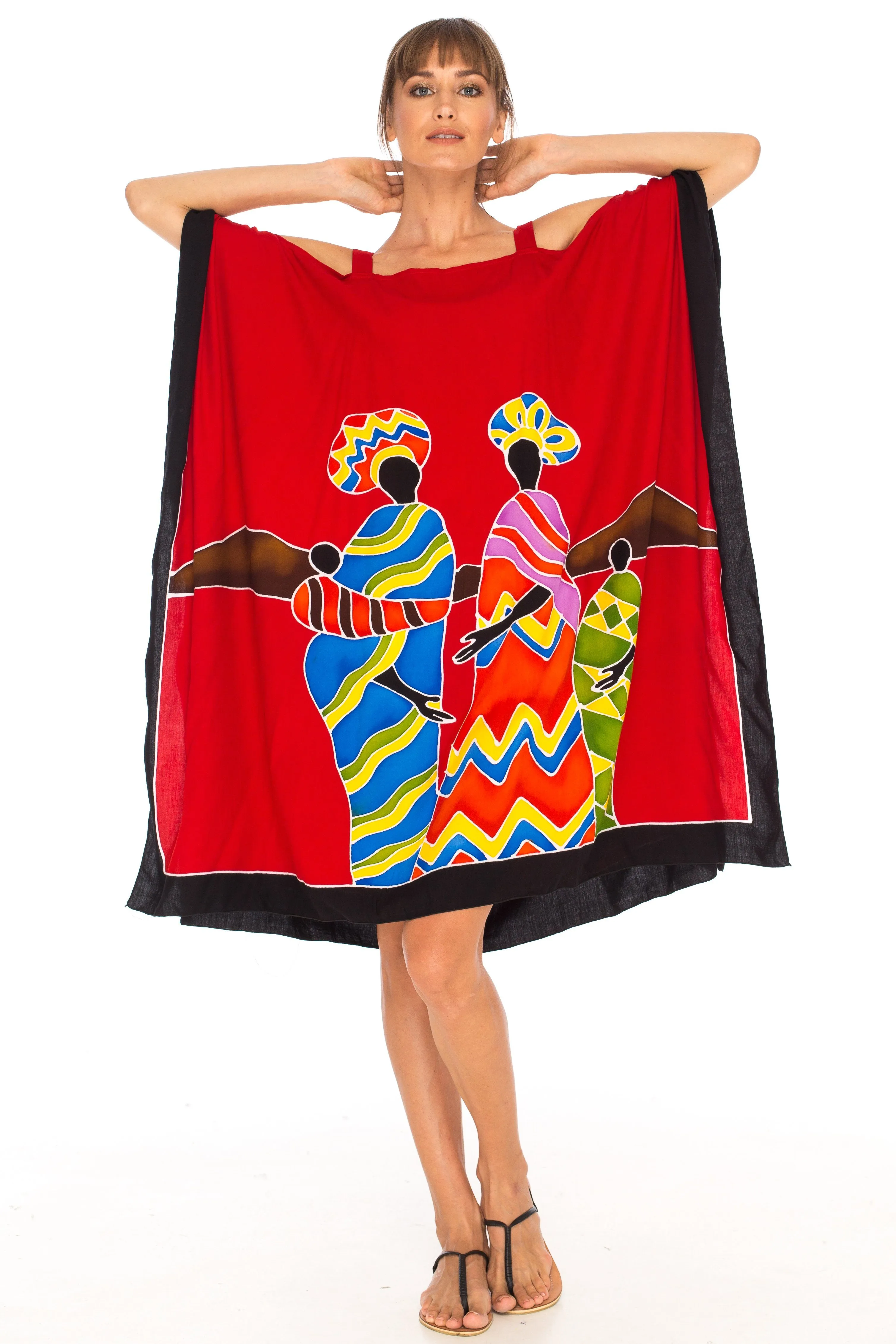 SHU-SHI Women's Hand Painted Tribal Poncho Dress | Loose Beach Cover Up | Short Cold Shoulder Tunic with Cut Outs