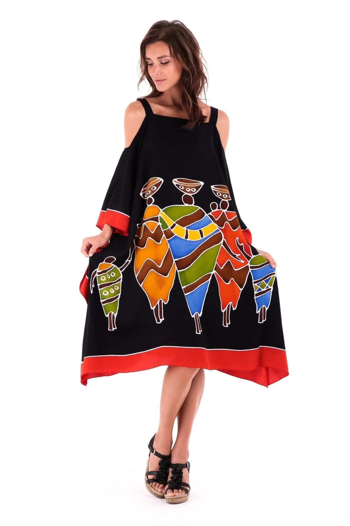 SHU-SHI Women's Hand Painted Tribal Poncho Dress | Loose Beach Cover Up | Short Cold Shoulder Tunic with Cut Outs