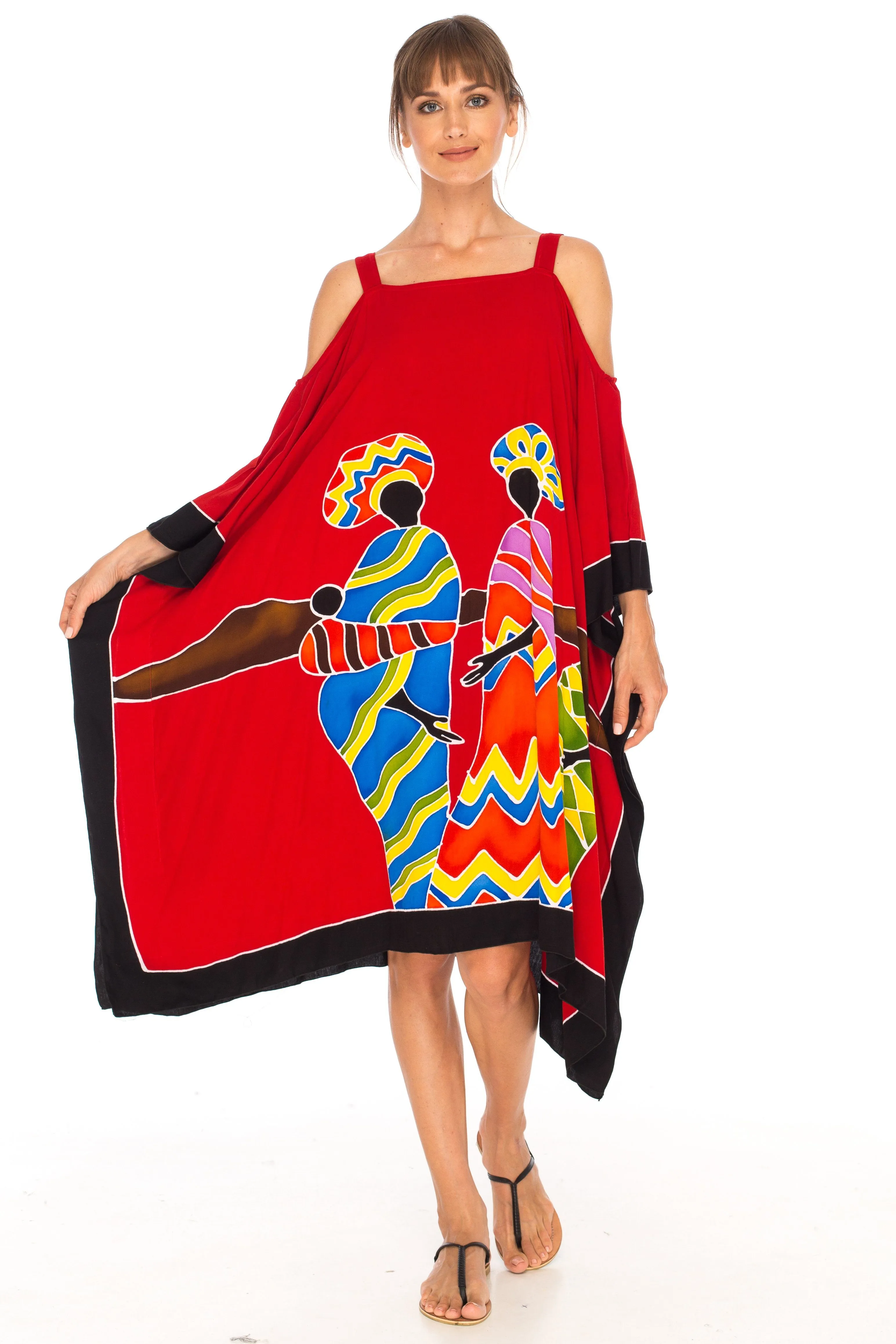 SHU-SHI Women's Hand Painted Tribal Poncho Dress | Loose Beach Cover Up | Short Cold Shoulder Tunic with Cut Outs