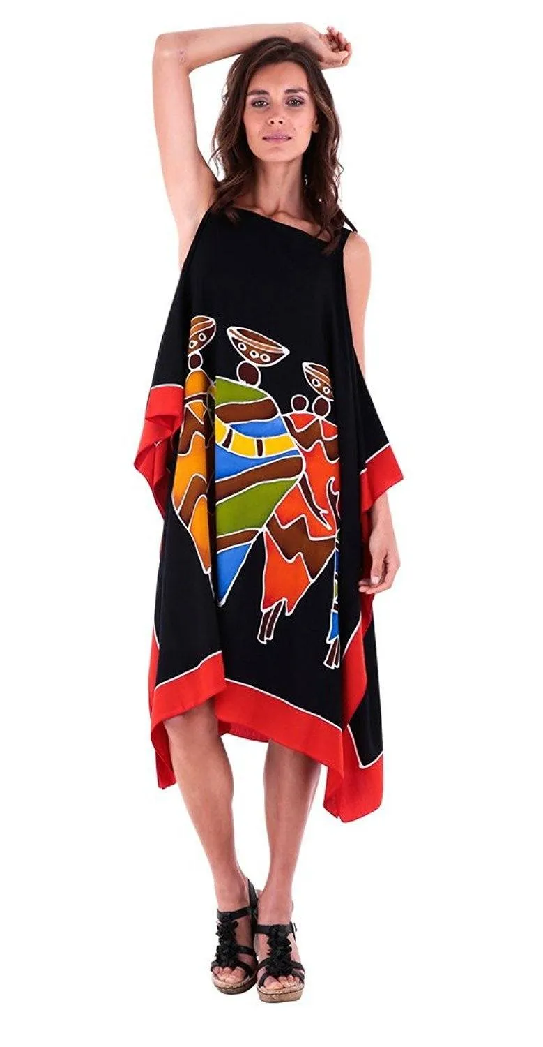 SHU-SHI Women's Hand Painted Tribal Poncho Dress | Loose Beach Cover Up | Short Cold Shoulder Tunic with Cut Outs