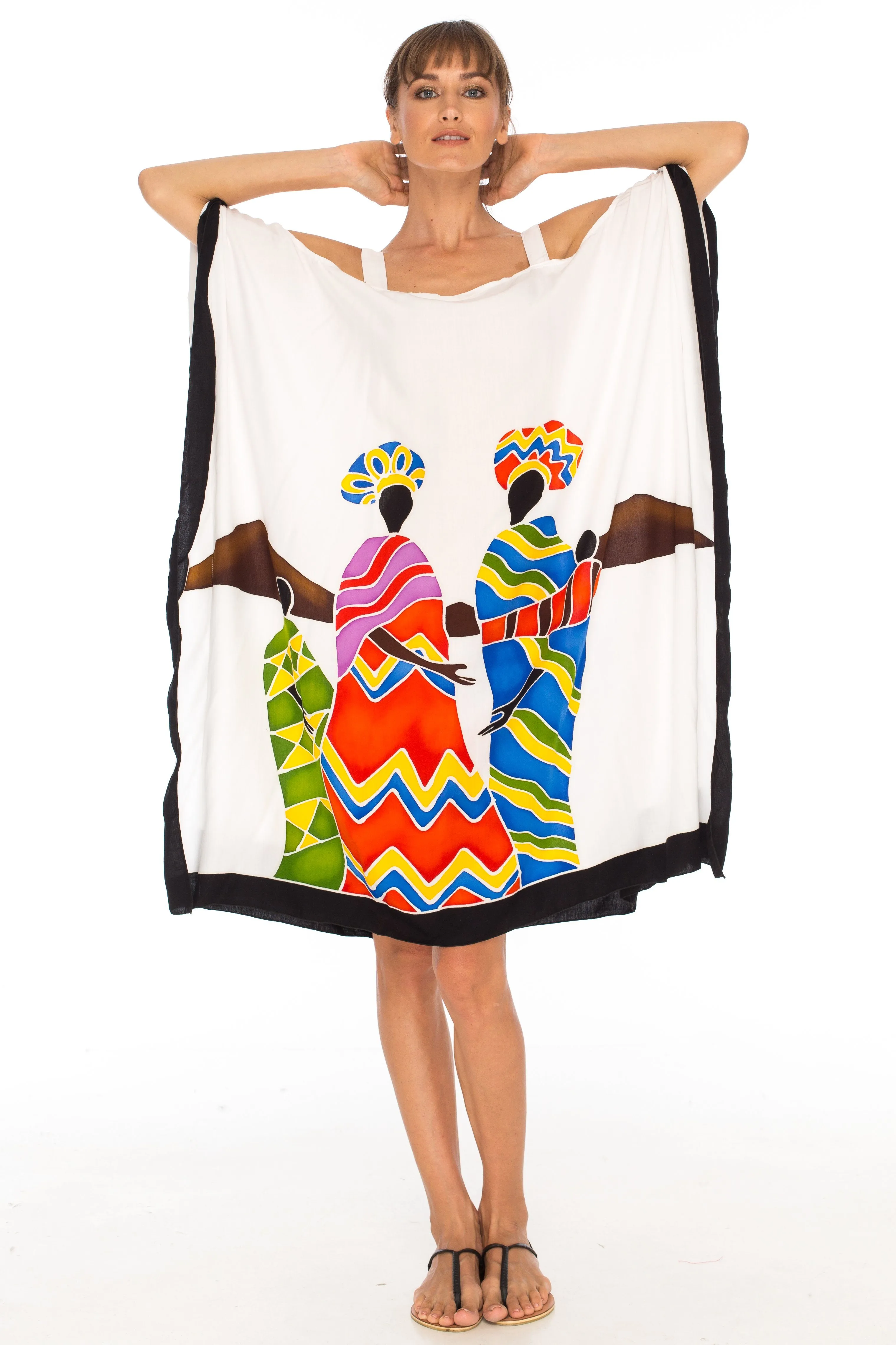 SHU-SHI Women's Hand Painted Tribal Poncho Dress | Loose Beach Cover Up | Short Cold Shoulder Tunic with Cut Outs