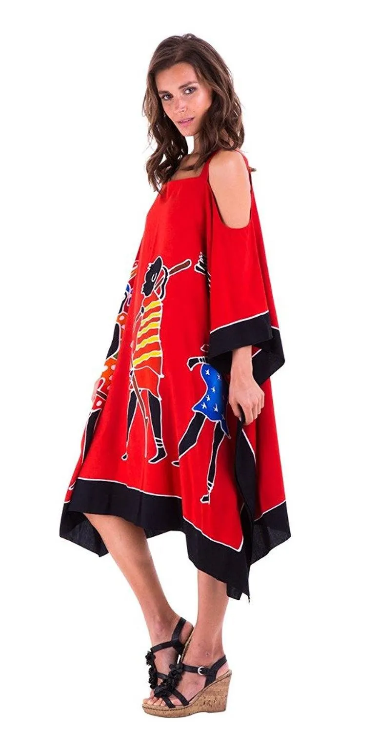 SHU-SHI Women's Hand Painted Tribal Poncho Dress | Loose Beach Cover Up | Short Cold Shoulder Tunic with Cut Outs