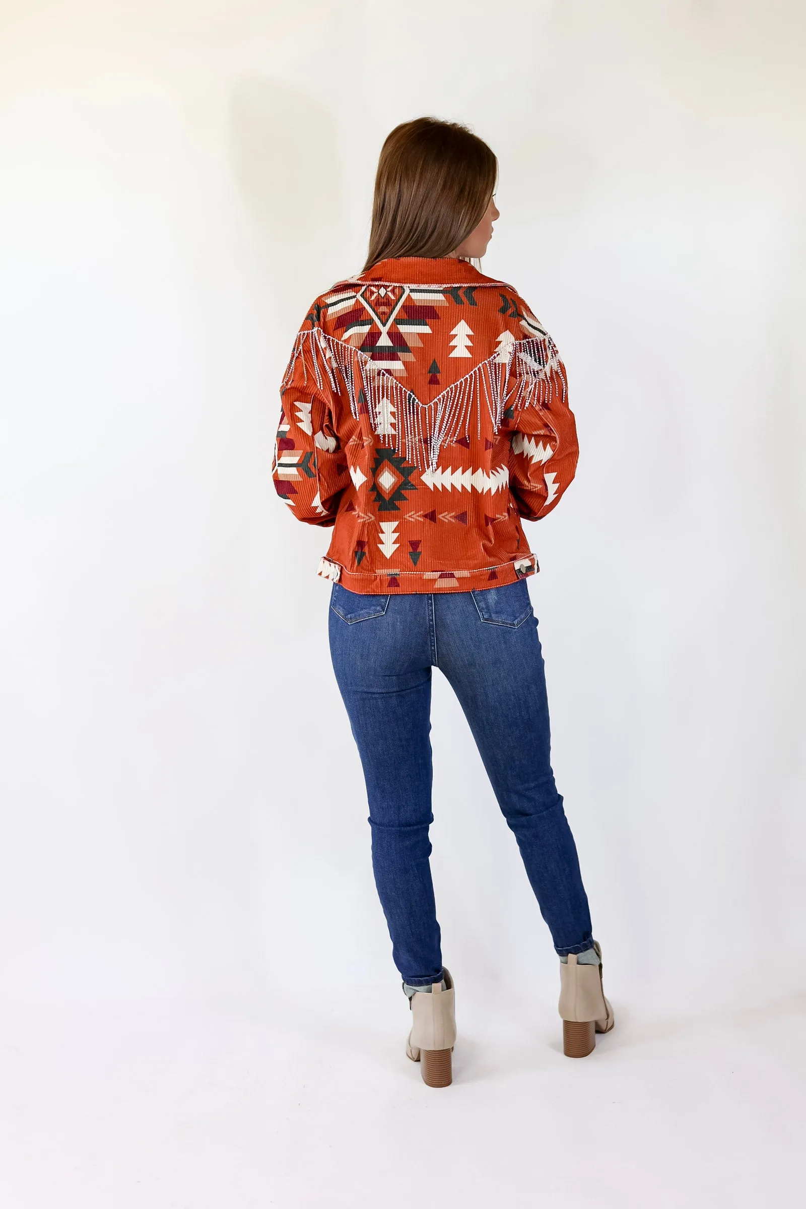 Signature Moves Aztec Print Jacket with Crystal Fringe in Rust Orange