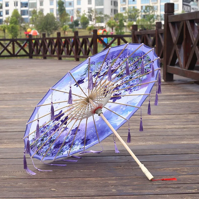 Silk Cloth Lace Umbrella Women Costume Photography Props Tasseled Umbrella Yarned Chinese Classical Oil-paper Umbrella Parasol