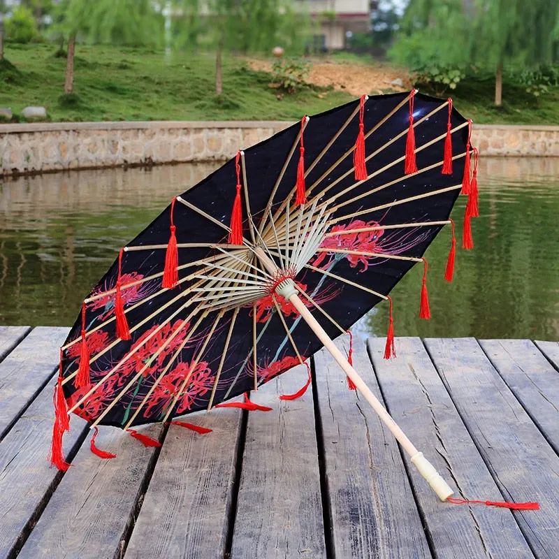 Silk Cloth Lace Umbrella Women Costume Photography Props Tasseled Umbrella Yarned Chinese Classical Oil-paper Umbrella Parasol